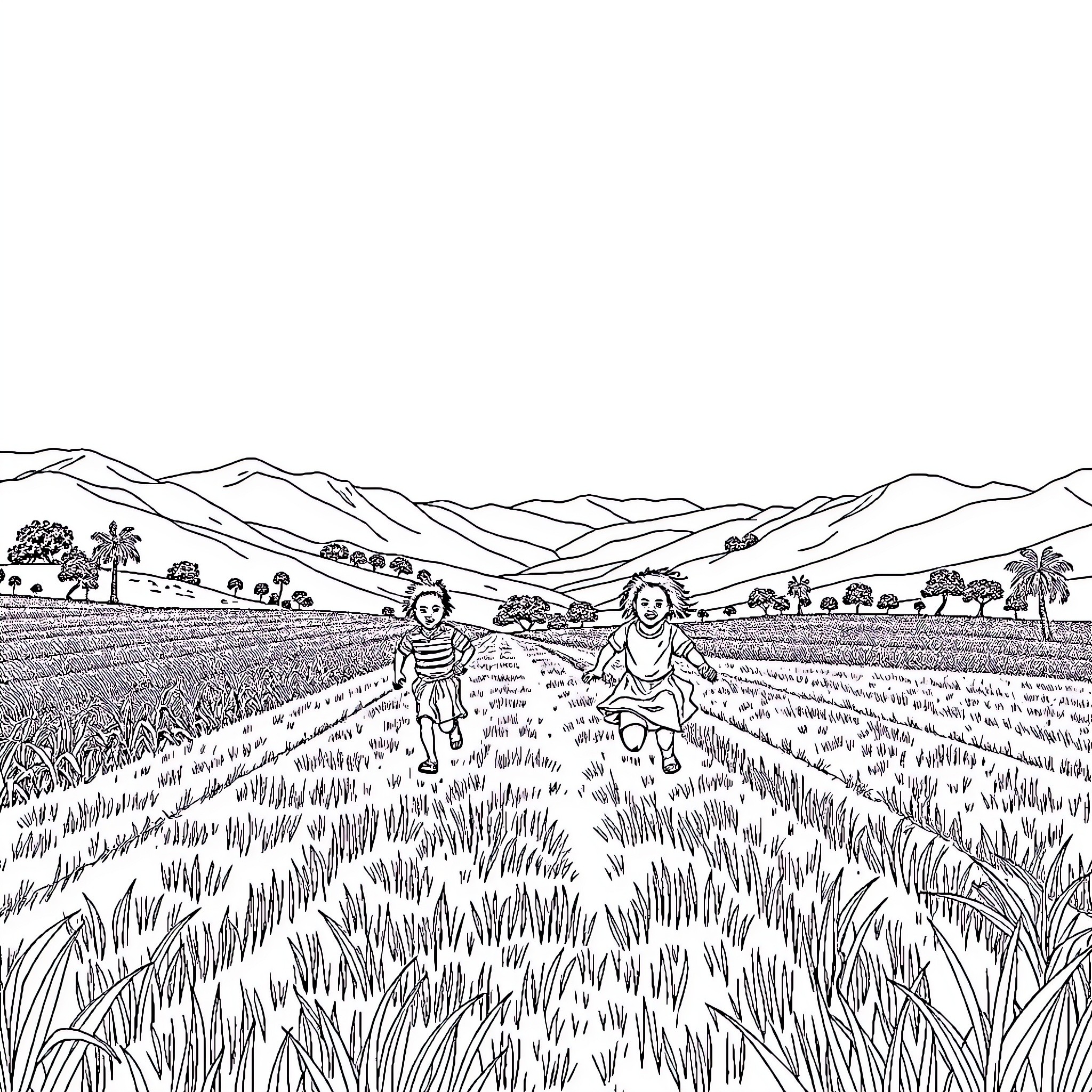 Kids running through the countryside Coloring Page (free black-and-white line drawing printable PDF for all, from beginners to advanced learners, including children, teens, adults, and seniors)