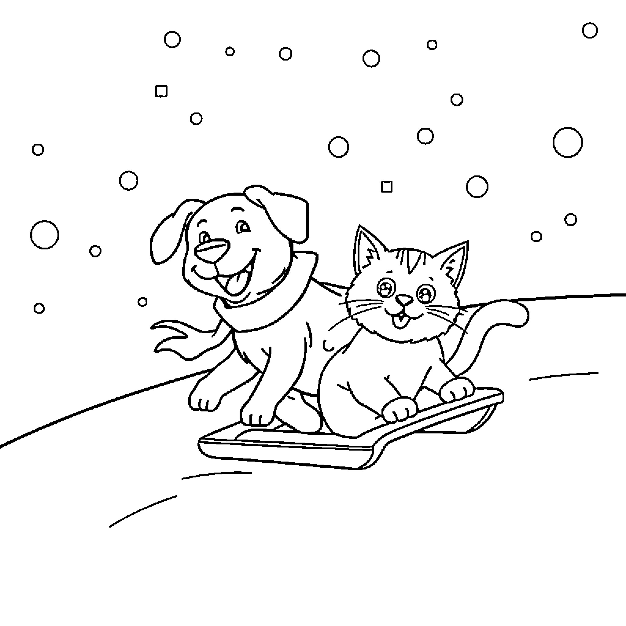 Dog and cat playing together in the snow Coloring Page (free black-and-white line drawing printable PDF for all, from beginners to advanced learners, including children, teens, adults, and seniors)