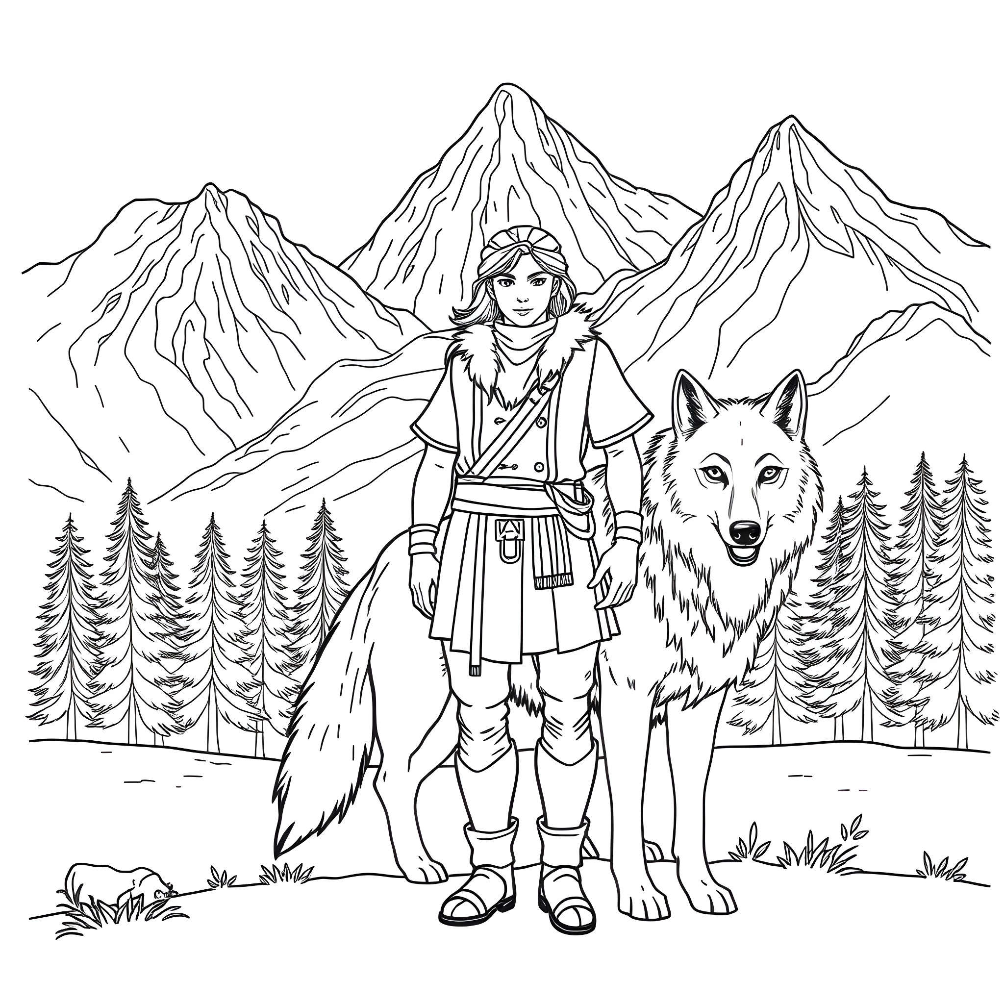 Wolf and human adventurer in the mountains Coloring Page (free black-and-white line drawing printable PDF for all, from beginners to advanced learners, including children, teens, adults, and seniors)