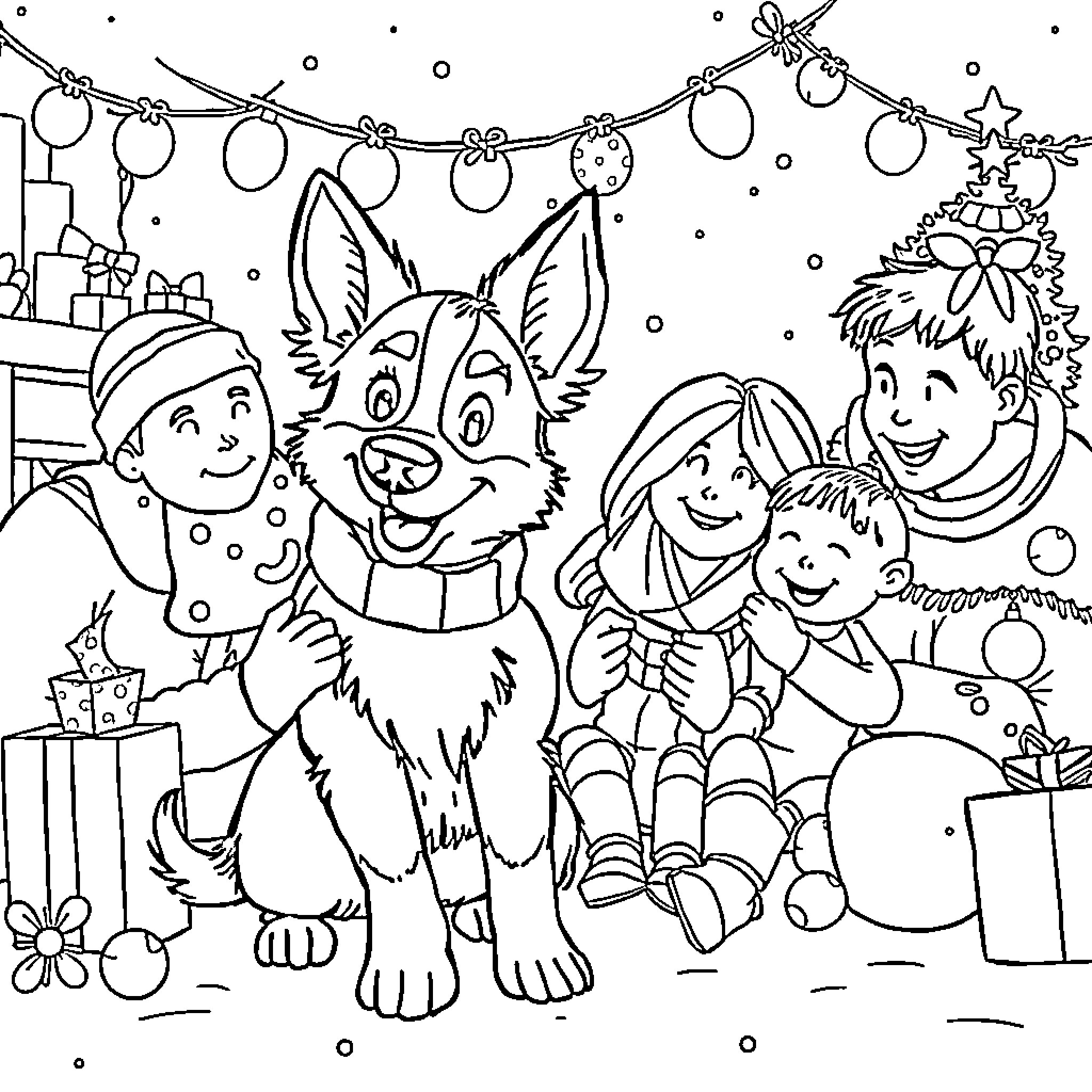 Bluey and family celebrating the holidays together Coloring Page (free black-and-white line drawing printable PDF for all, from beginners to advanced learners, including children, teens, adults, and seniors)