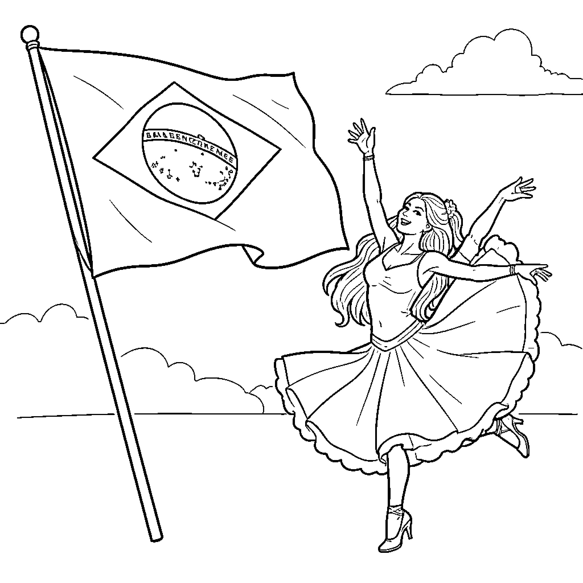 Brazil Flag waving next to a joyful dancing woman Coloring Page (free black-and-white line drawing printable PDF for all, from beginners to advanced learners, including children, teens, adults, and seniors)
