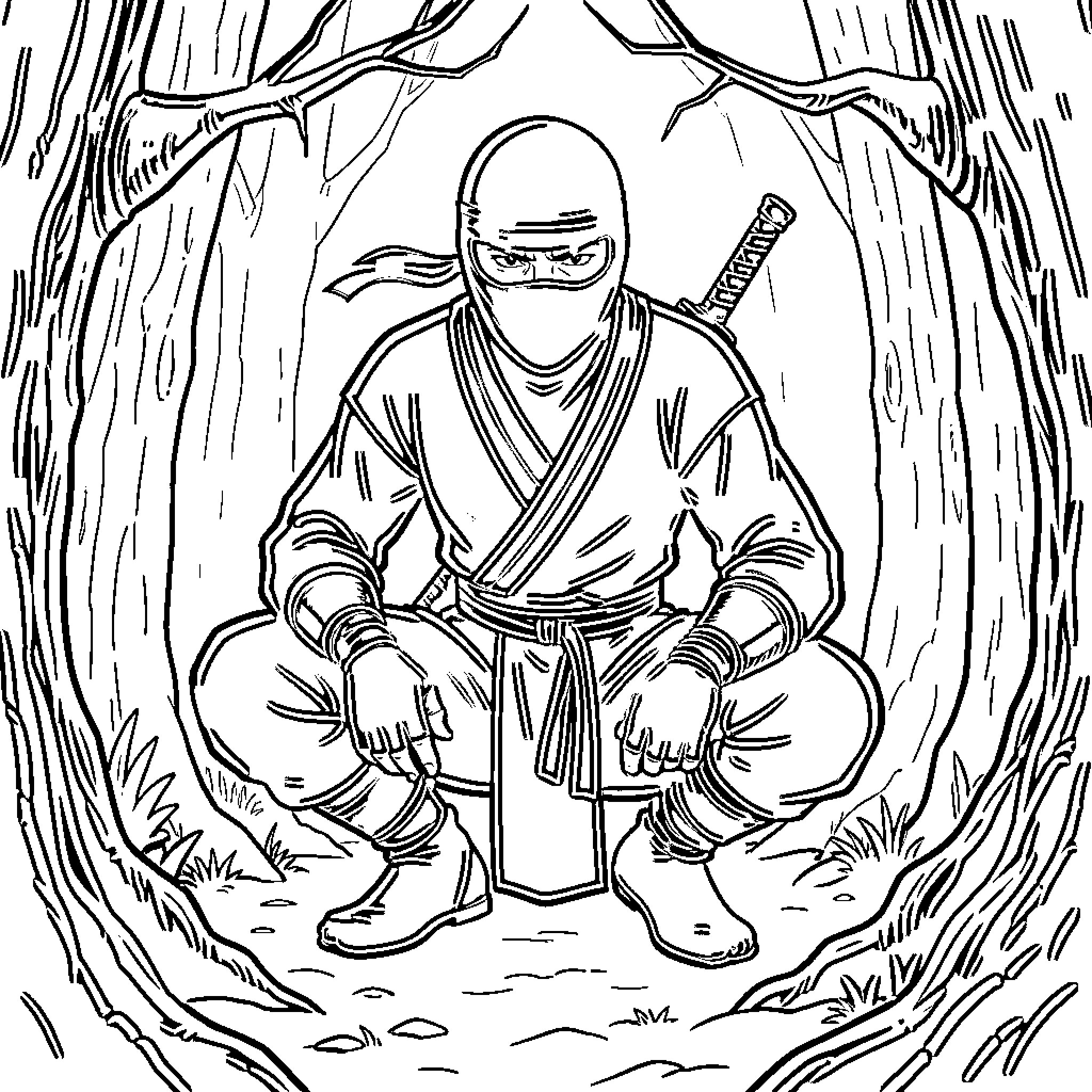 Ninja meditating in a mysterious forest Coloring Page (free black-and-white line drawing printable PDF for all, from beginners to advanced learners, including children, teens, adults, and seniors)