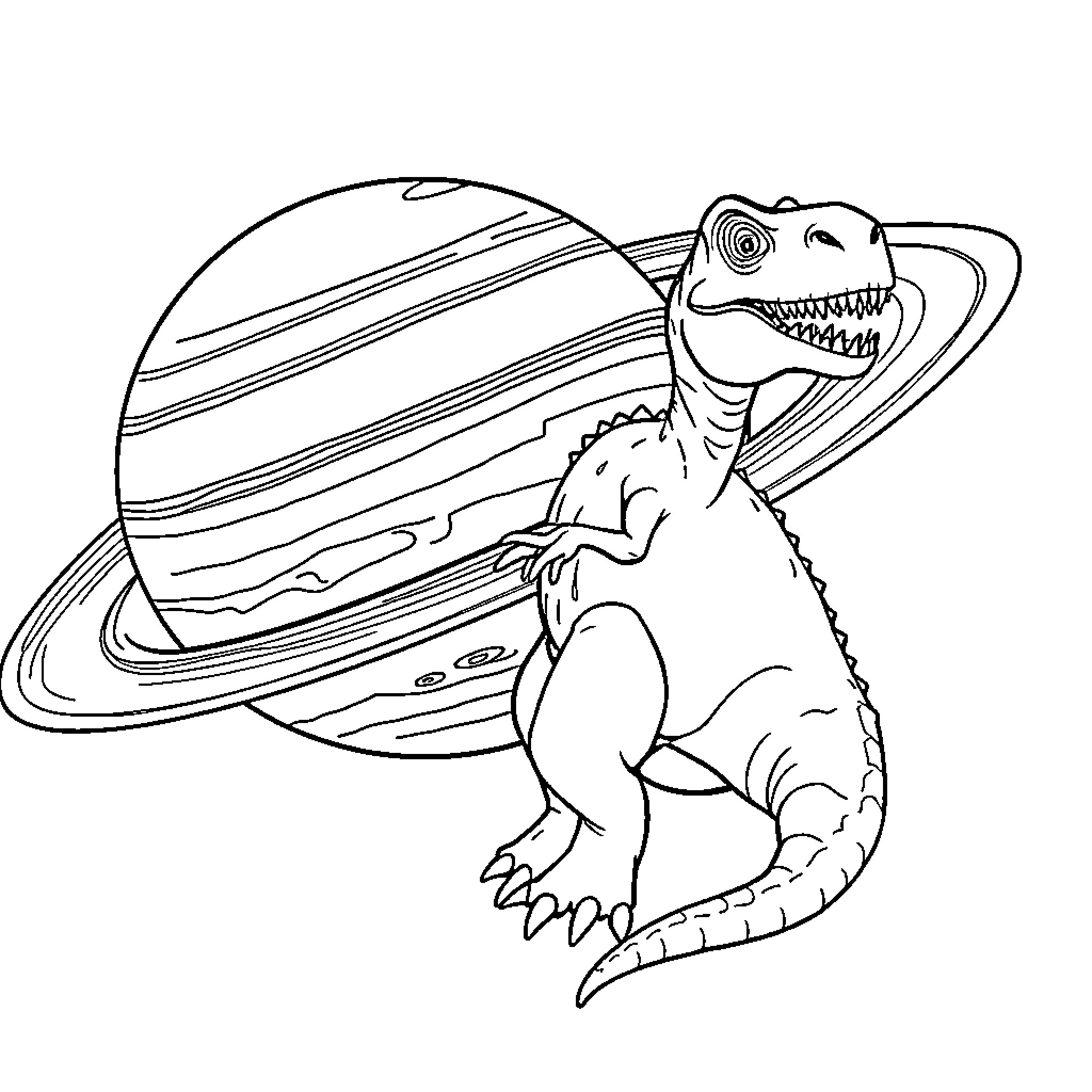 Dinosaur exploring the galaxy Coloring Page (free black-and-white line drawing printable PDF for all, from beginners to advanced learners, including children, teens, adults, and seniors)