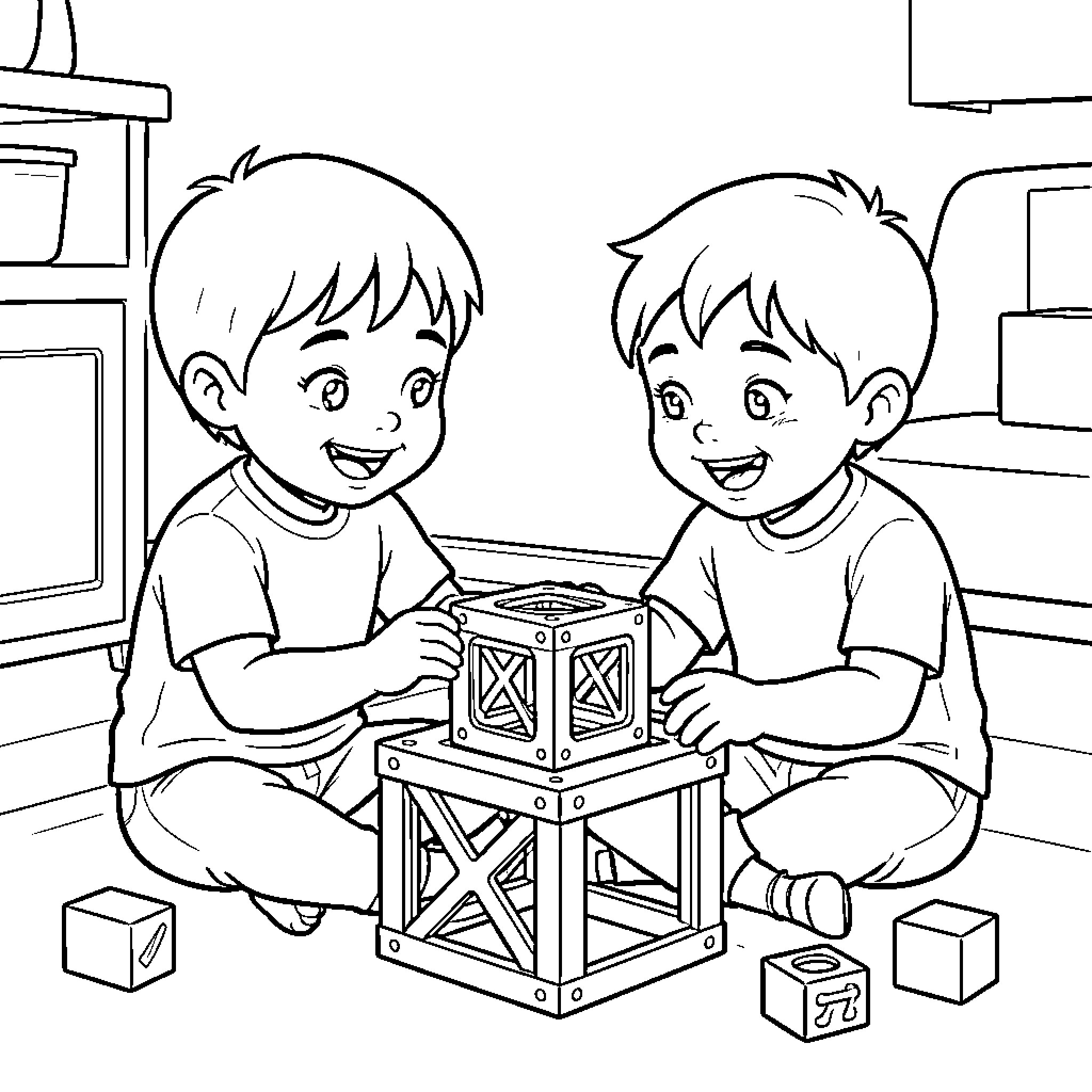 Siblings playing happily with wooden building blocks Coloring Page (free black-and-white line drawing printable PDF for all, from beginners to advanced learners, including children, teens, adults, and seniors)
