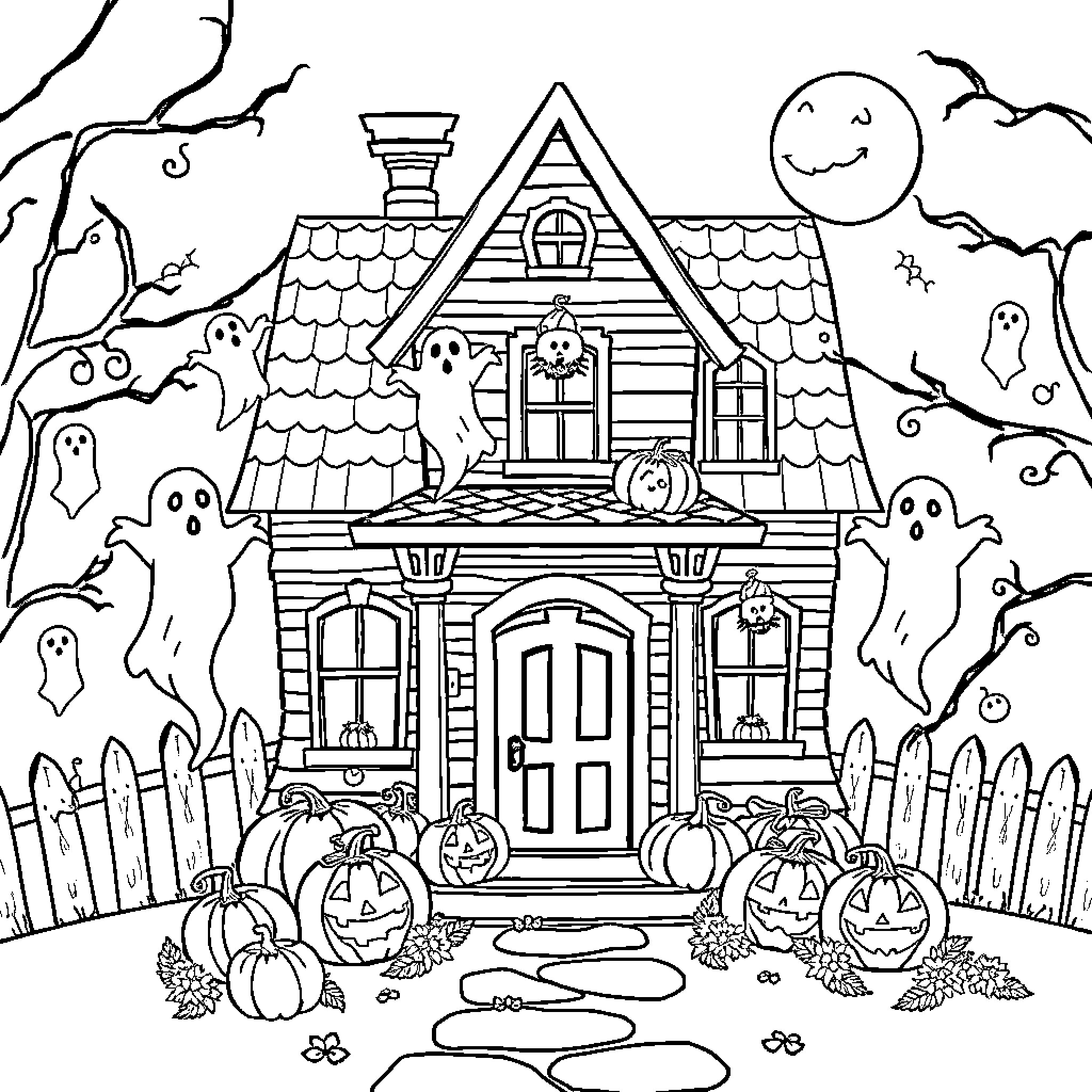 House decorated for Halloween with ghosts and pumpkins Coloring Page (free black-and-white line drawing printable PDF for all, from beginners to advanced learners, including children, teens, adults, and seniors)
