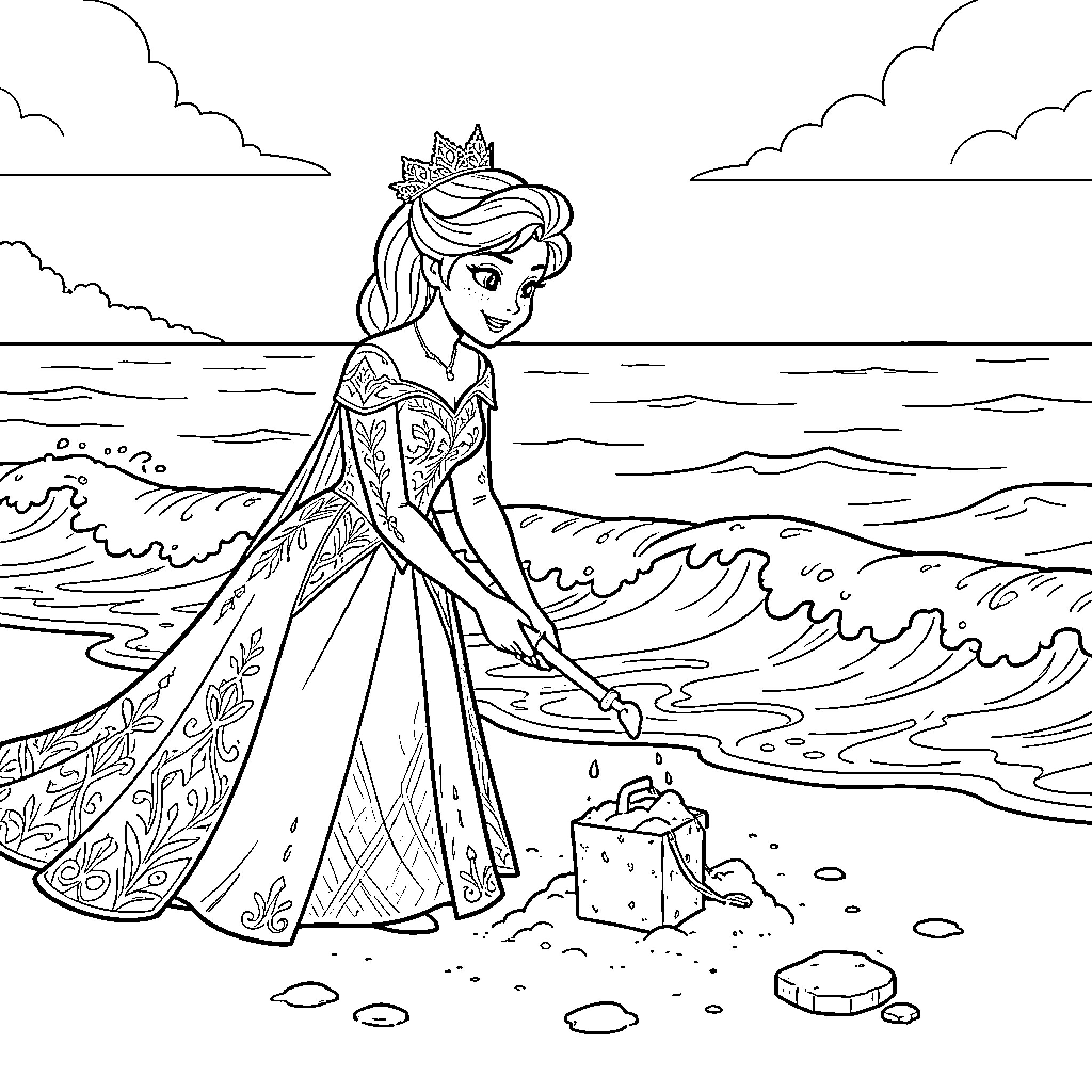 Queen building a sandcastle on the beach Coloring Page (free black-and-white line drawing printable PDF for all, from beginners to advanced learners, including children, teens, adults, and seniors)