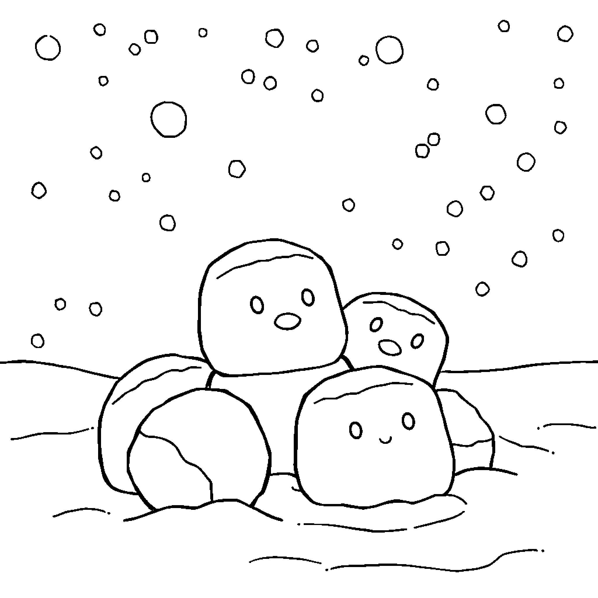 Squishmallow snowmen playing in the snow Coloring Page (free black-and-white line drawing printable PDF for all, from beginners to advanced learners, including children, teens, adults, and seniors)
