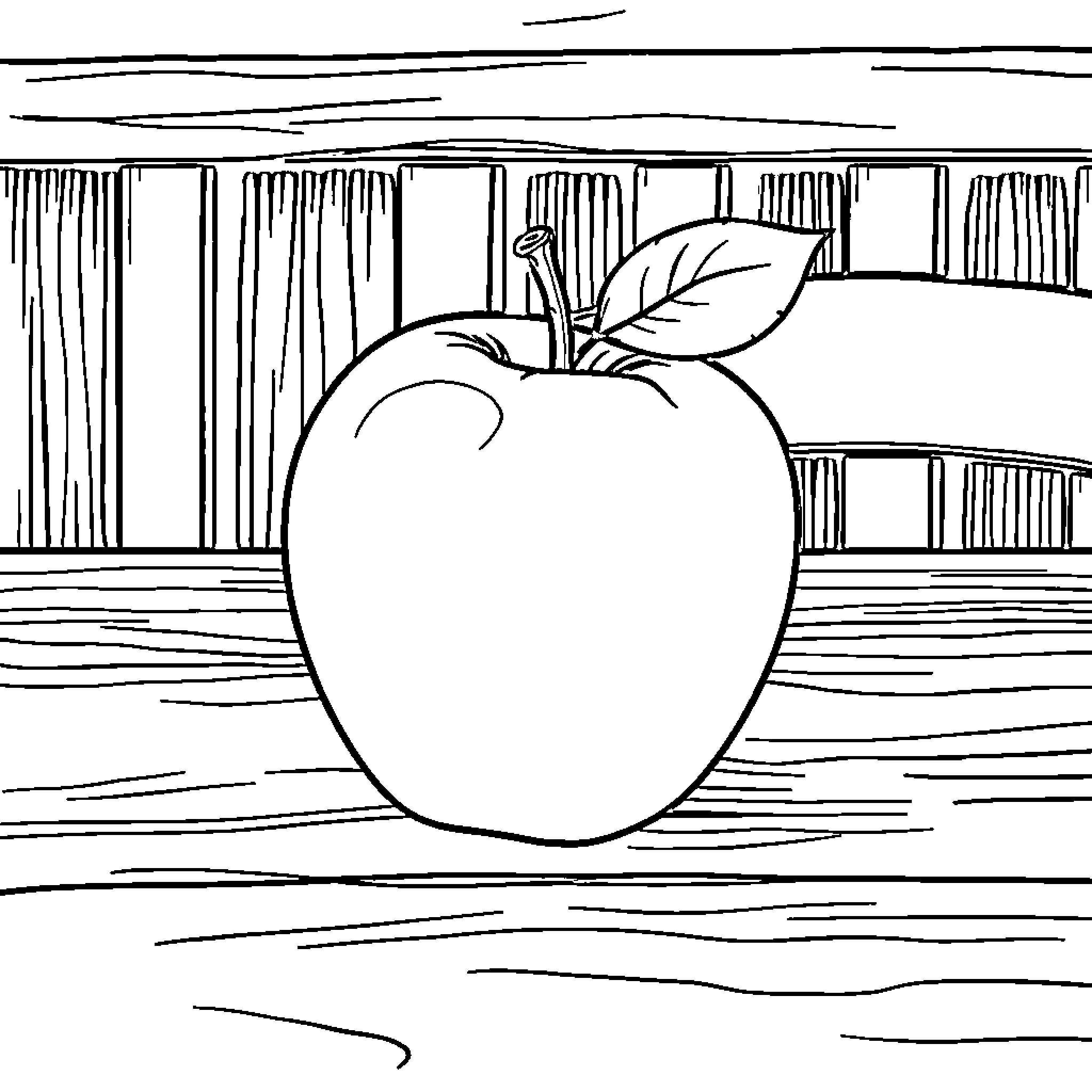 Apple in a Bookshelf Setting Coloring Page (free black-and-white line drawing printable PDF for all, from beginners to advanced learners, including children, teens, adults, and seniors)