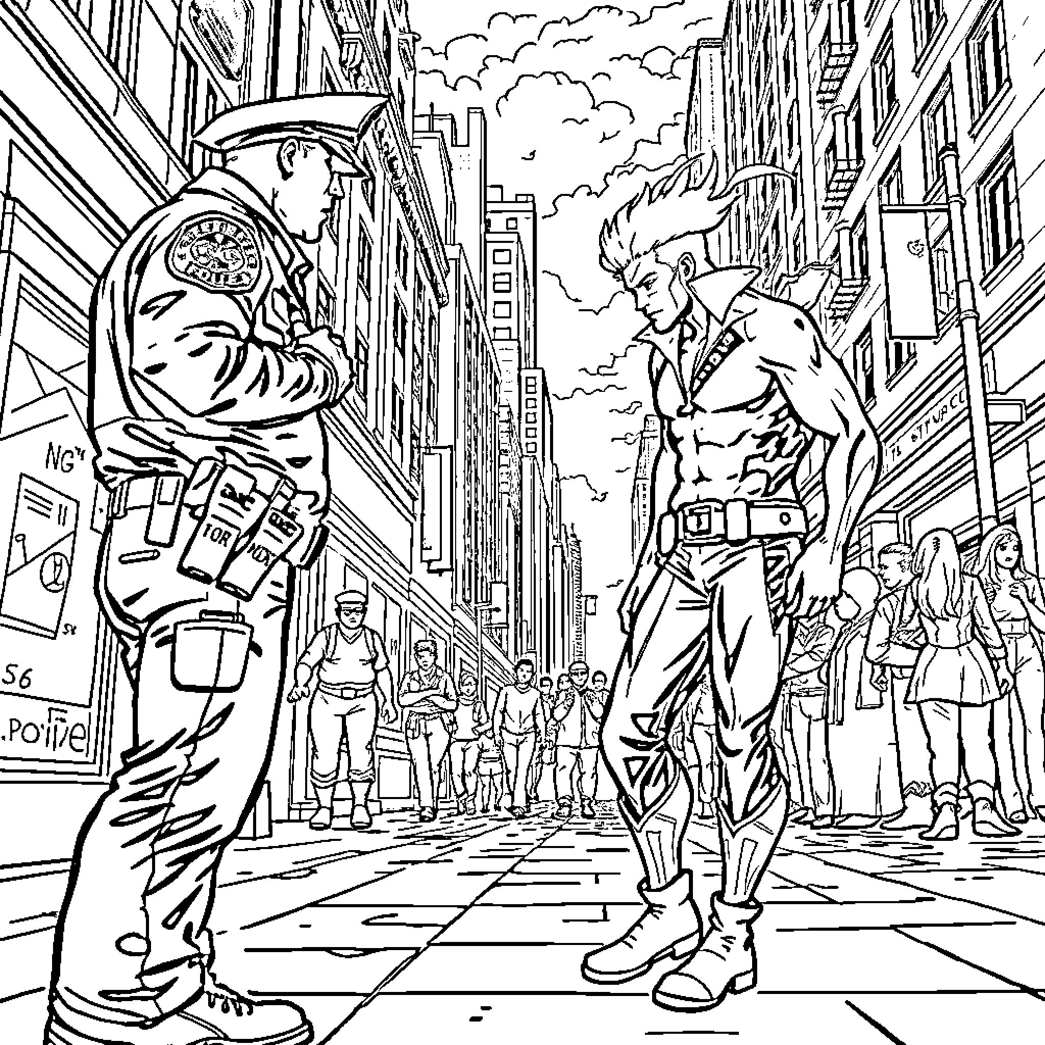 Storm of Action and Chaos in the City Streets Coloring Page (free black-and-white line drawing printable PDF for all, from beginners to advanced learners, including children, teens, adults, and seniors)