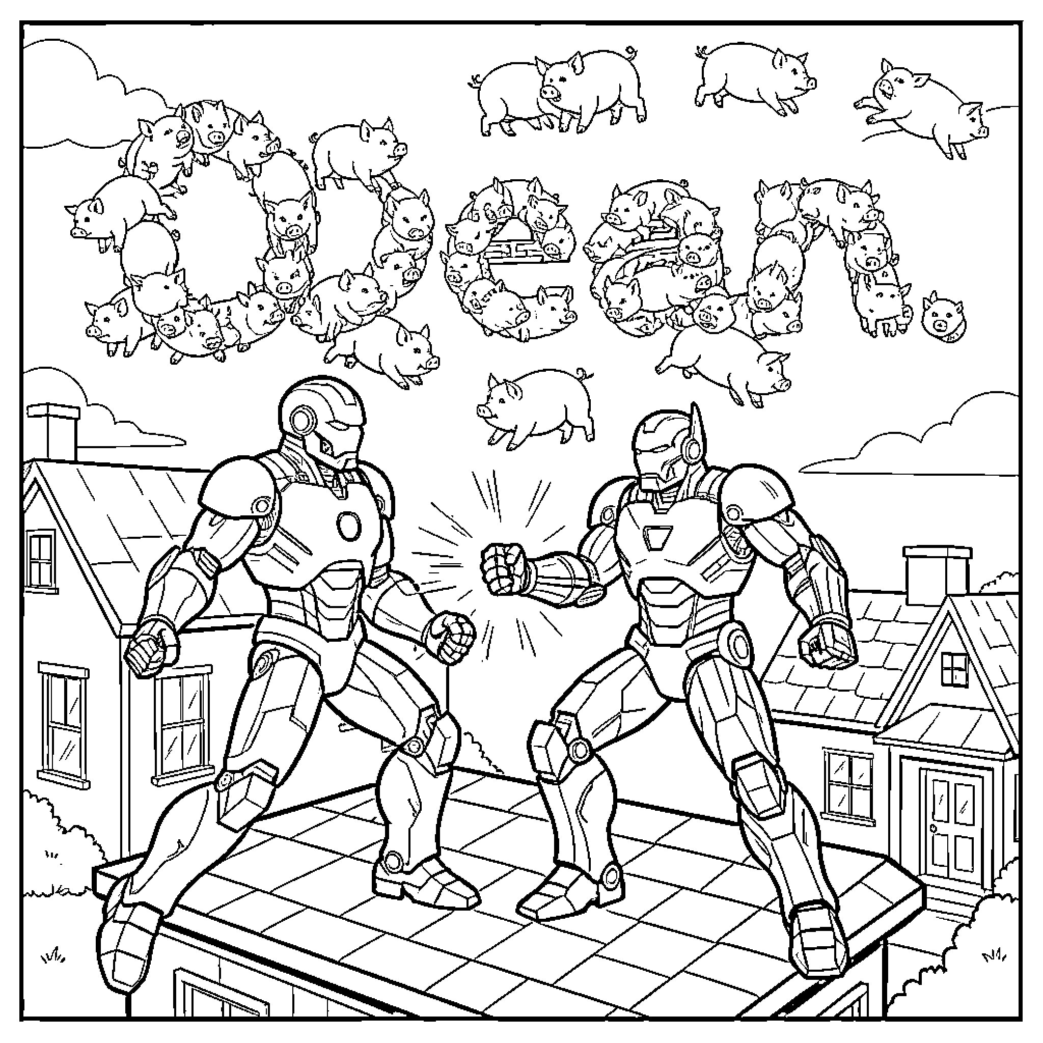 Iron Man Heroes Battling in the City Coloring Page (free black-and-white line drawing printable PDF for all, from beginners to advanced learners, including children, teens, adults, and seniors)