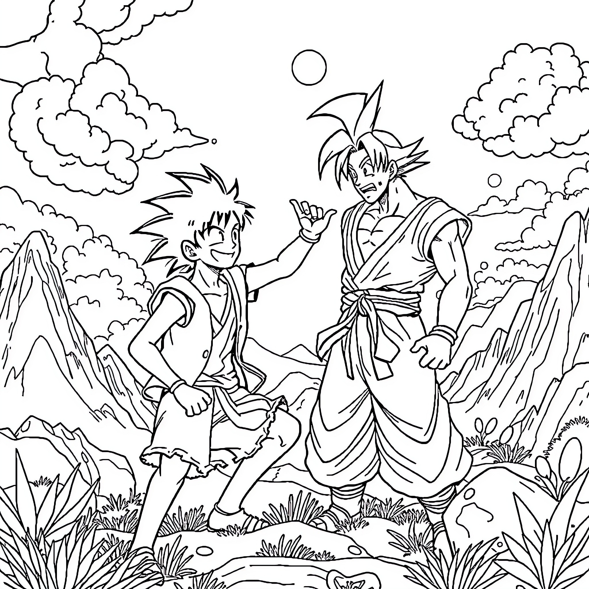 Luffy and Goku Adventuring Through the Mountains Coloring Page (free black-and-white line drawing printable PDF for all, from beginners to advanced learners, including children, teens, adults, and seniors)