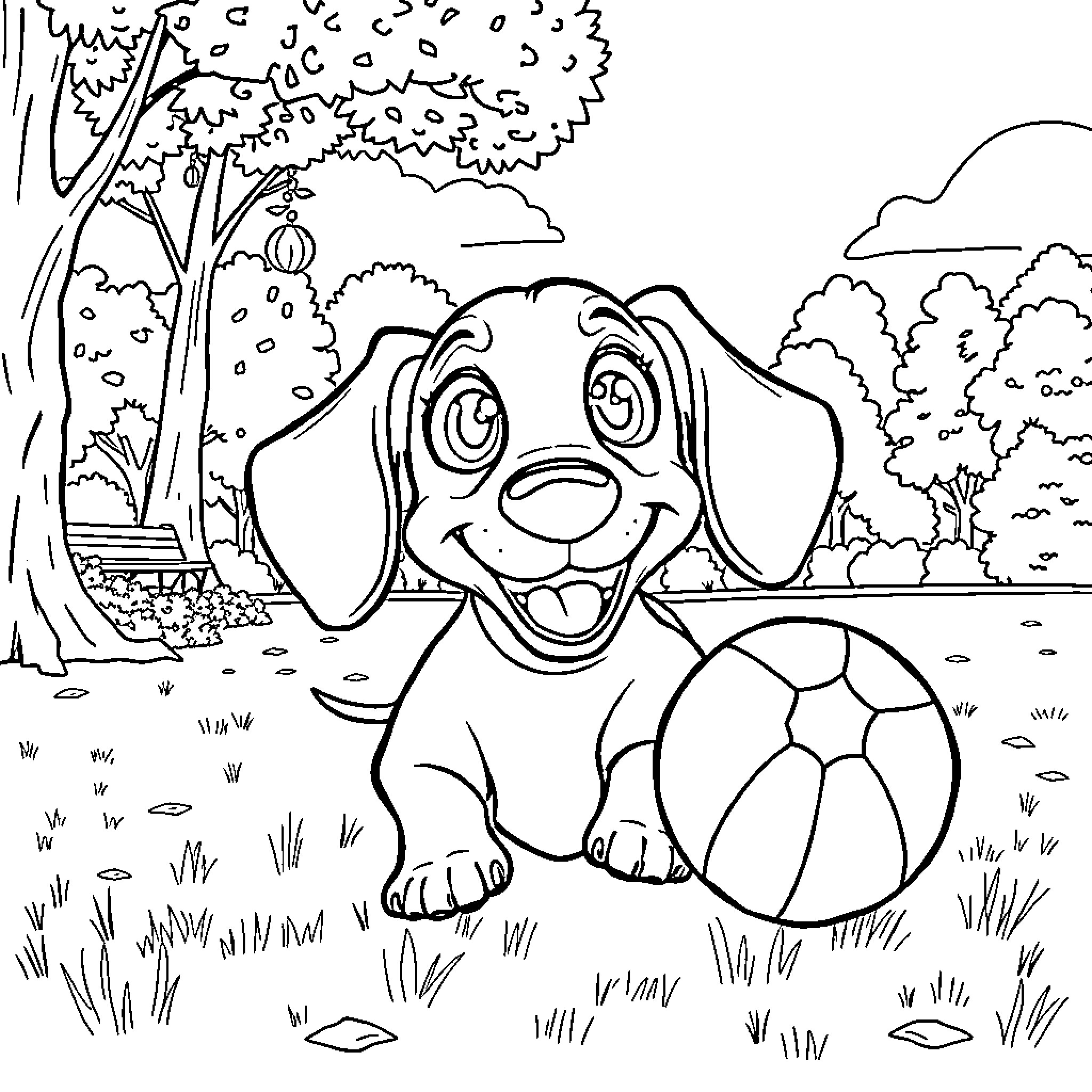 Dachshund playing with a ball in the park Coloring Page (free black-and-white line drawing printable PDF for all, from beginners to advanced learners, including children, teens, adults, and seniors)