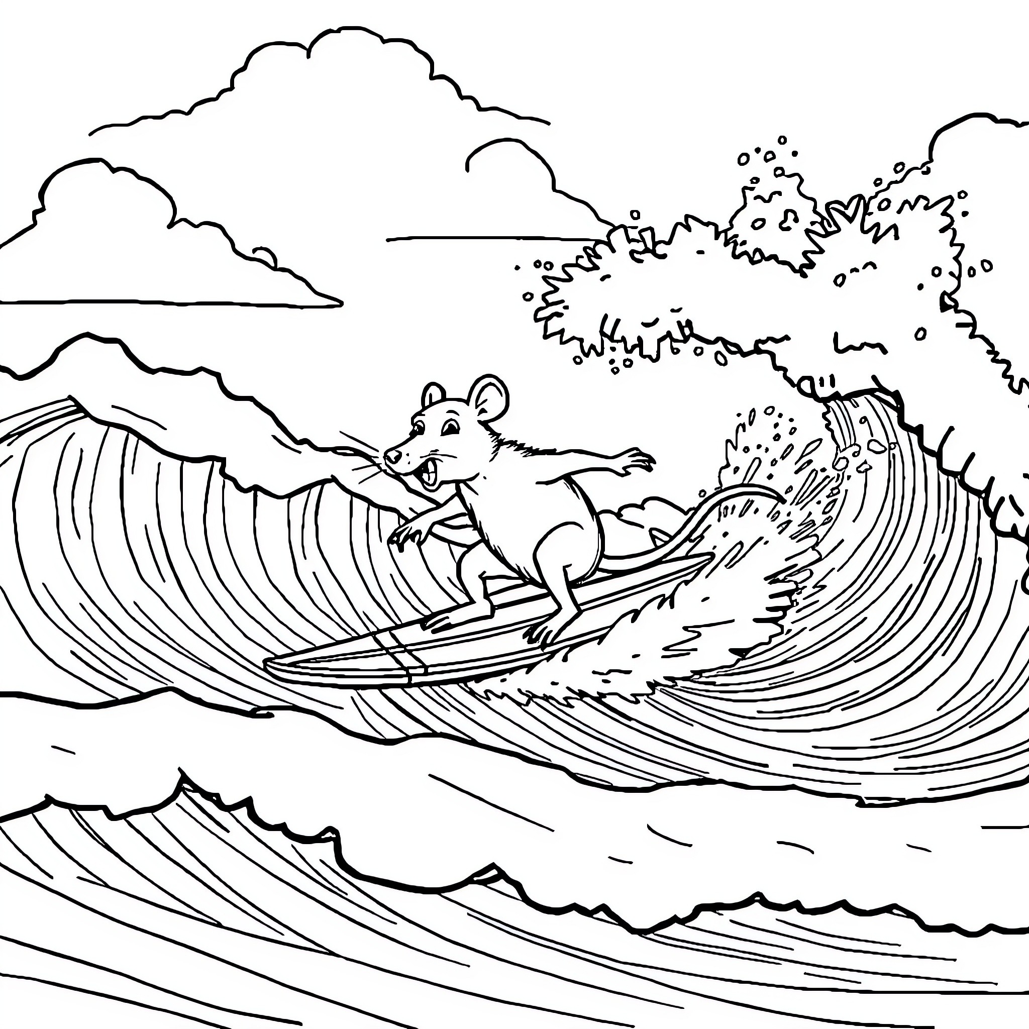 Rat surfing the giant wave Coloring Page (free black-and-white line drawing printable PDF for all, from beginners to advanced learners, including children, teens, adults, and seniors)