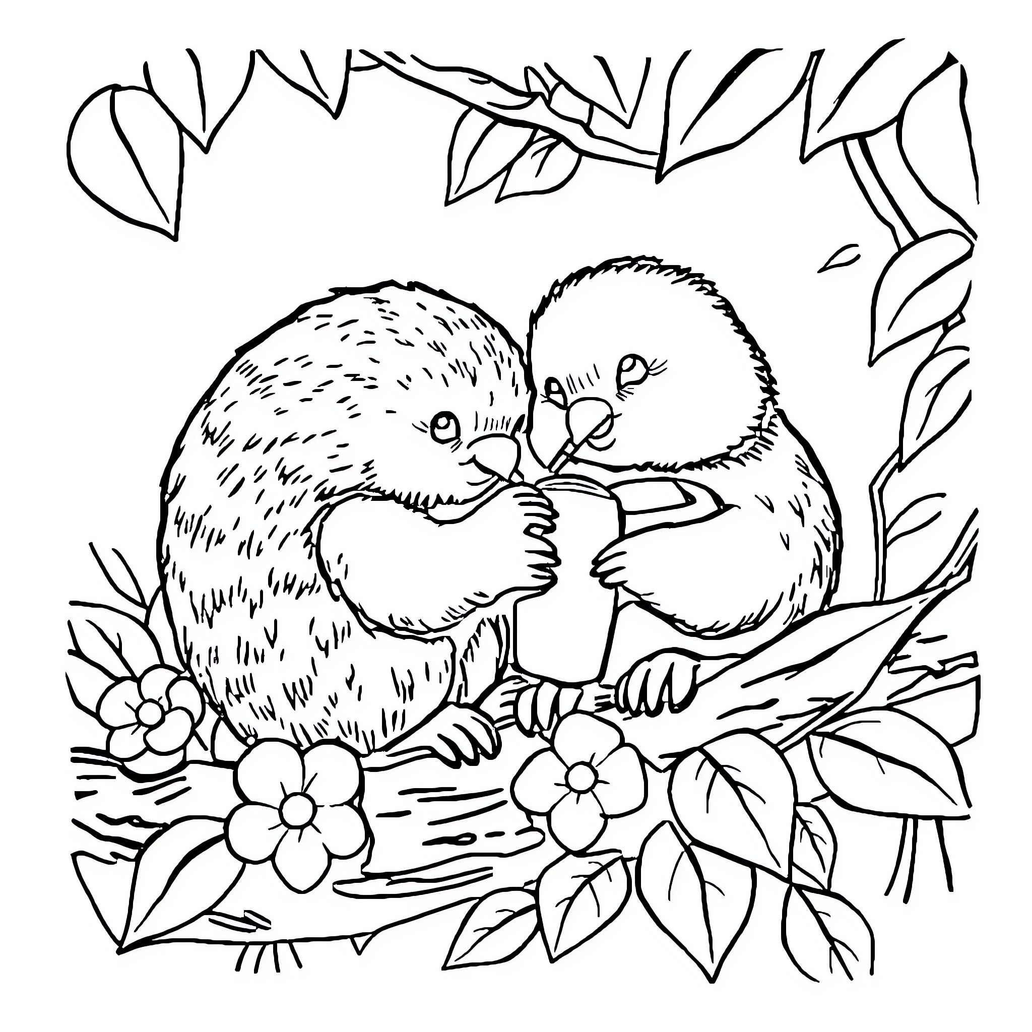 Rabbit cuddling and bonding in nature Coloring Page (free black-and-white line drawing printable PDF for all, from beginners to advanced learners, including children, teens, adults, and seniors)