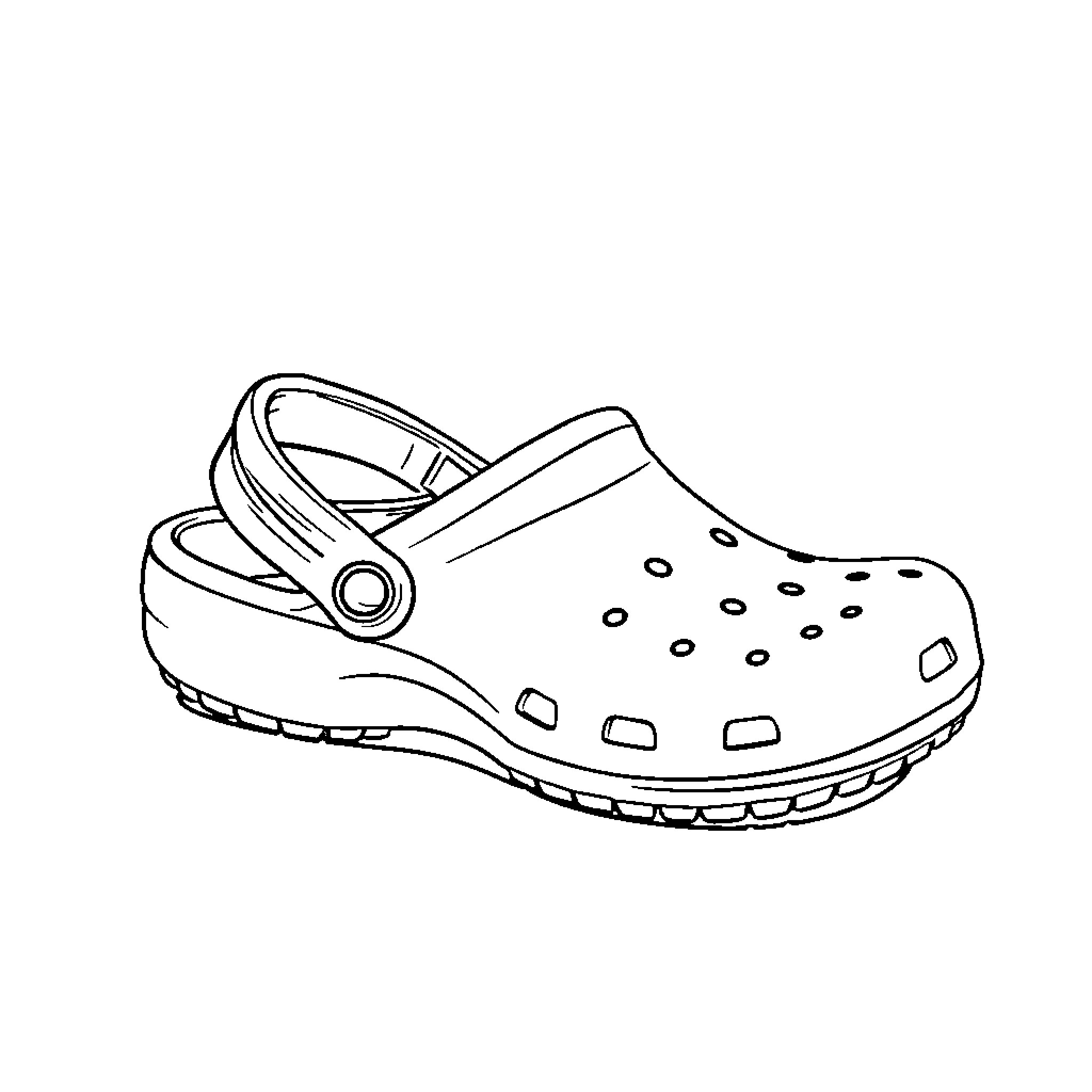 Croc-style footwear in black and white Coloring Page (free black-and-white line drawing printable PDF for all, from beginners to advanced learners, including children, teens, adults, and seniors)