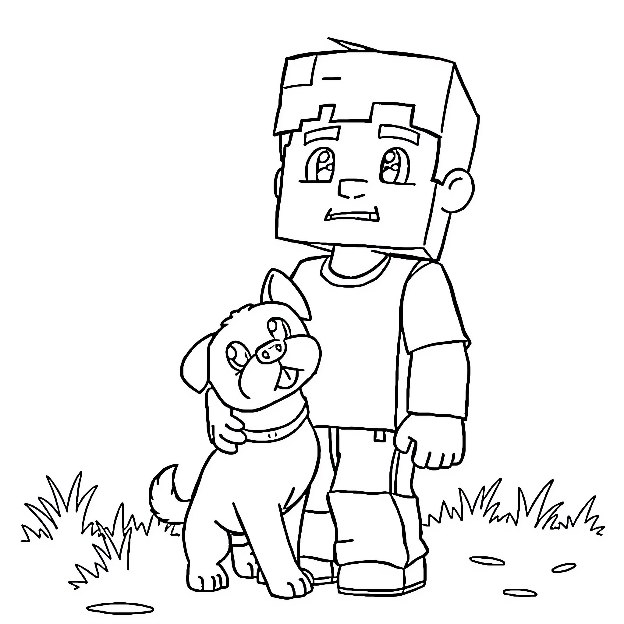 Boy playing with his pet dog in nature Coloring Page (free black-and-white line drawing printable PDF for all, from beginners to advanced learners, including children, teens, adults, and seniors)