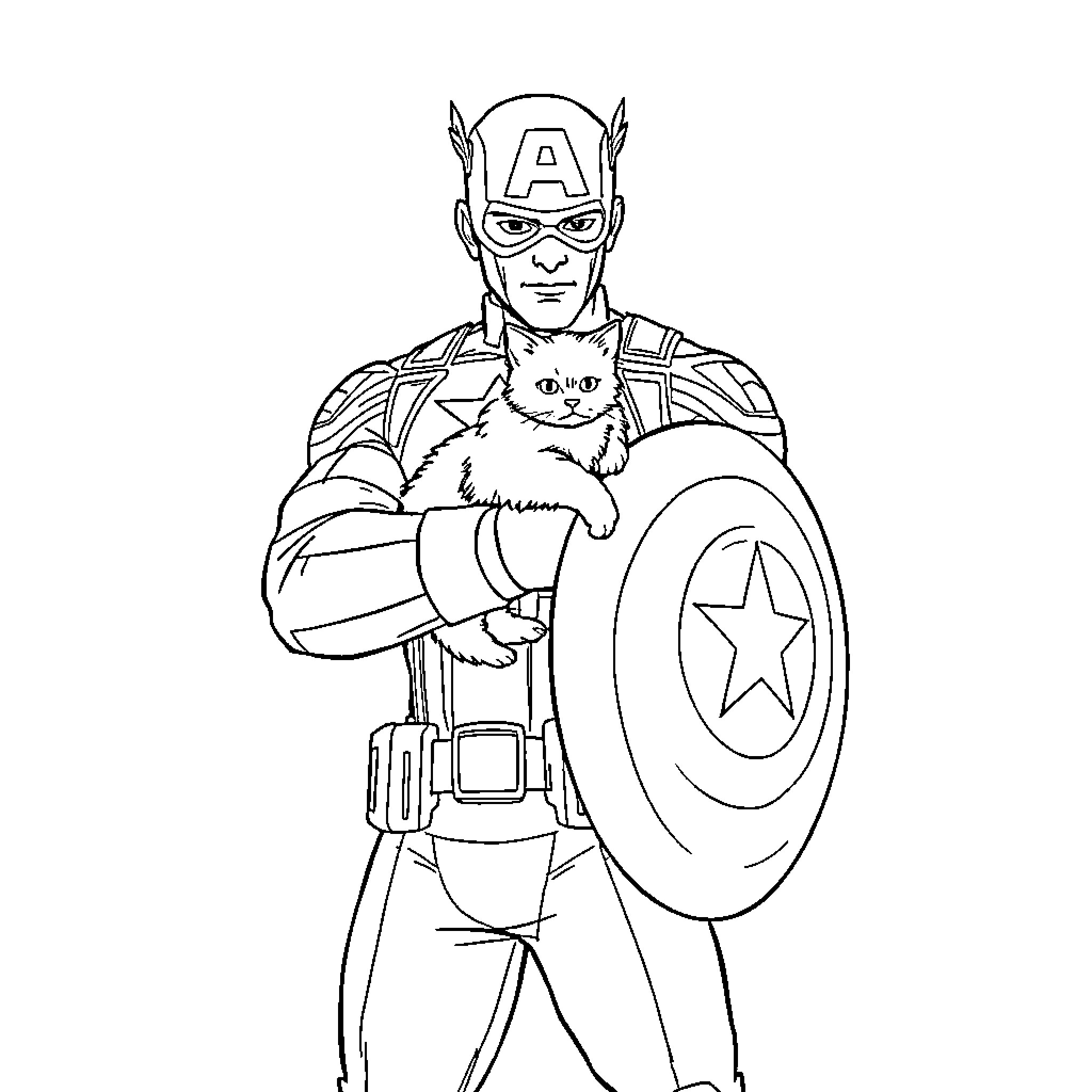 Captain America Protects a Furry Sidekick Coloring Page (free black-and-white line drawing printable PDF for all, from beginners to advanced learners, including children, teens, adults, and seniors)