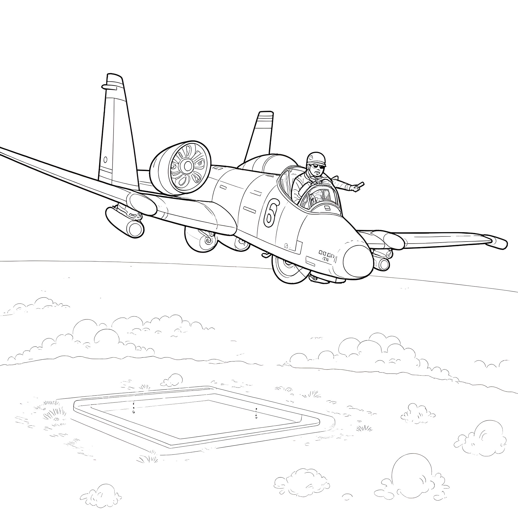 A-10 Warthog performing aerial maneuvers Coloring Page (free black-and-white line drawing printable PDF for all, from beginners to advanced learners, including children, teens, adults, and seniors)