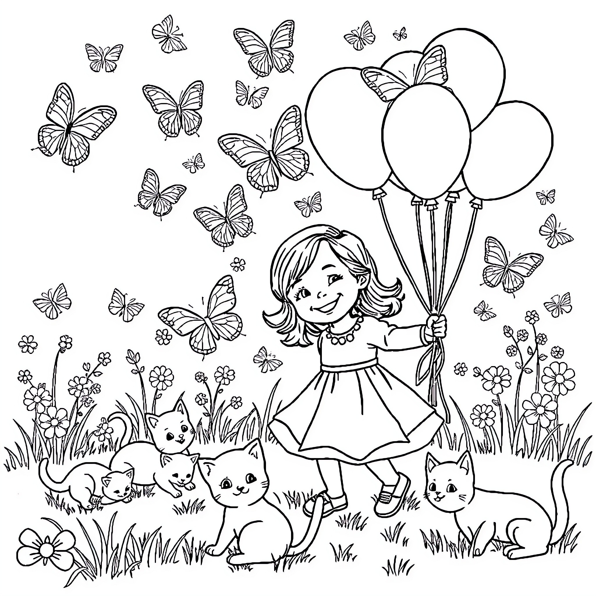 Butterfly Girl with Balloons and Pets Coloring Page (free black-and-white line drawing printable PDF for all, from beginners to advanced learners, including children, teens, adults, and seniors)