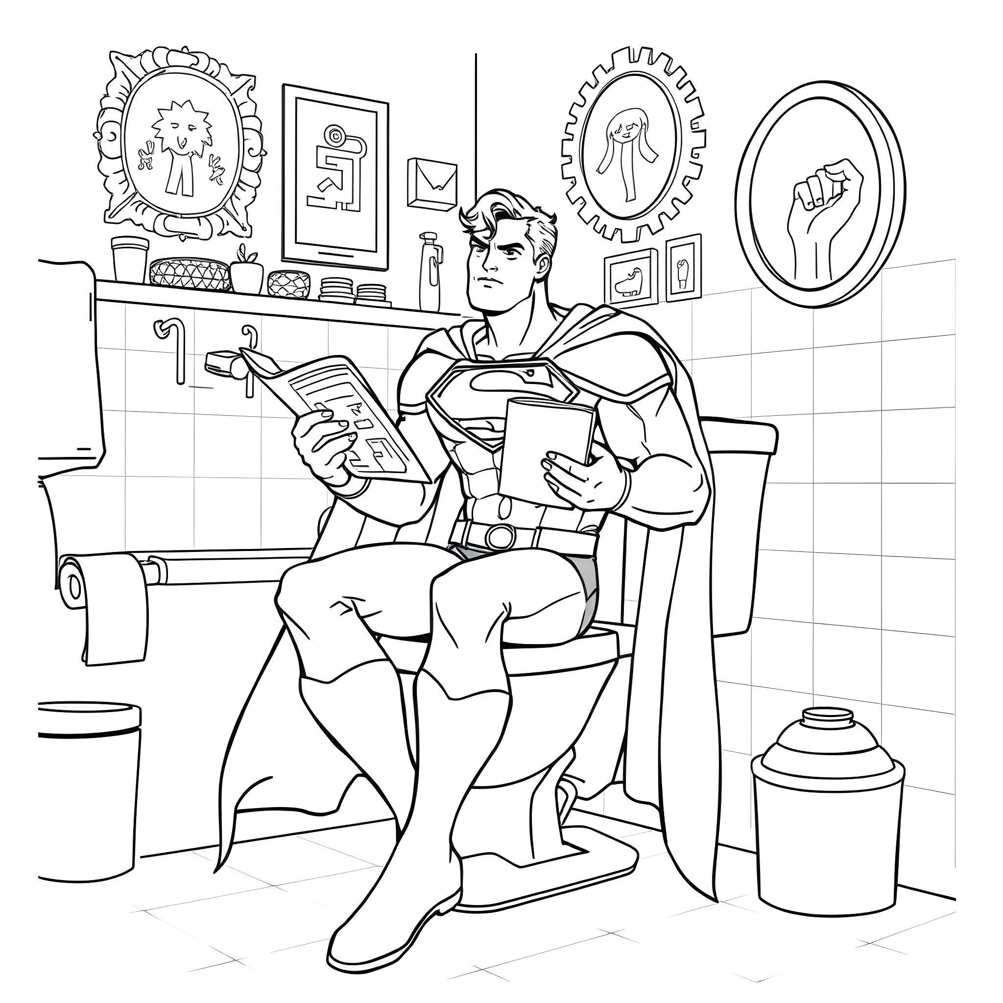 Superman relaxing and reading in his office Coloring Page (free black-and-white line drawing printable PDF for all, from beginners to advanced learners, including children, teens, adults, and seniors)