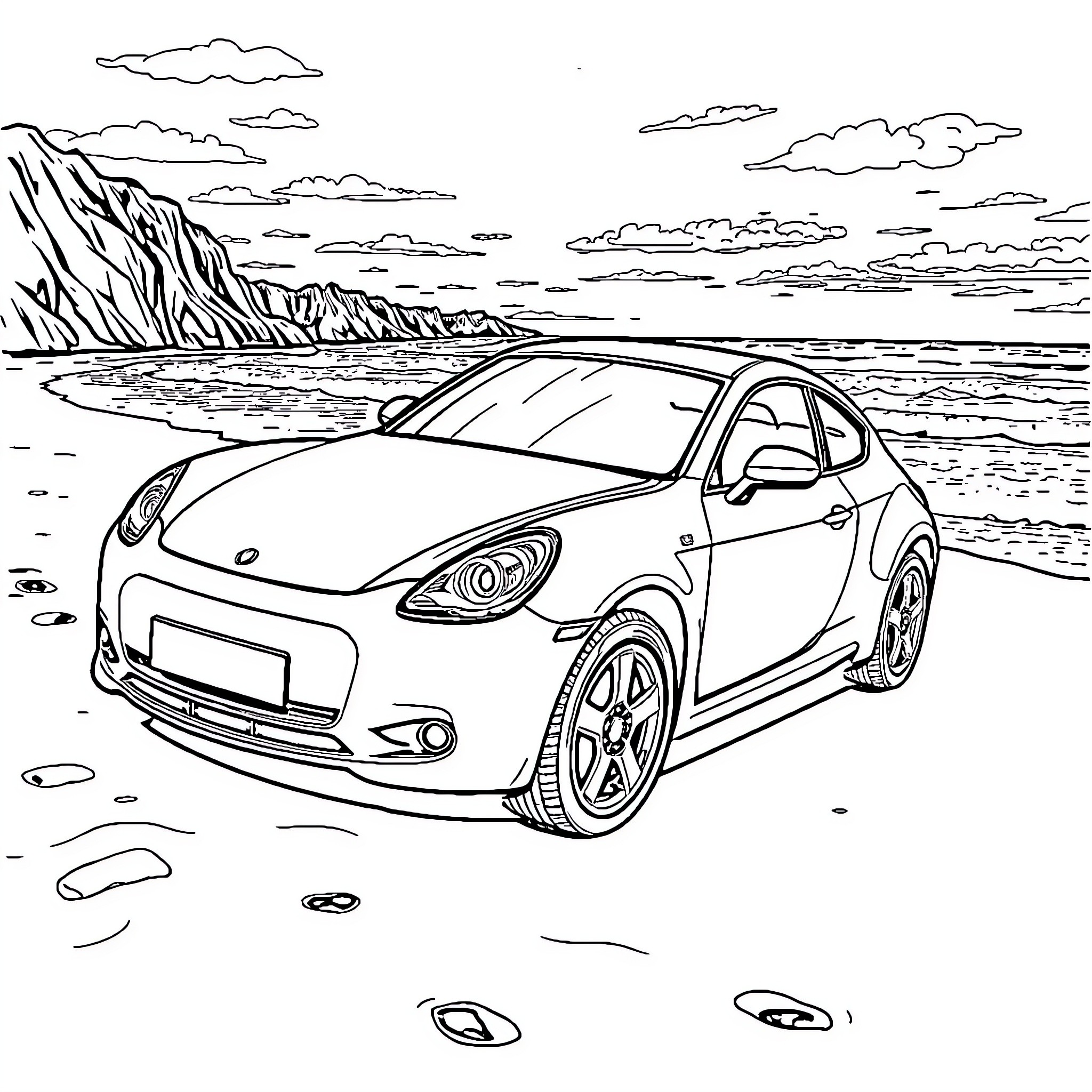 Car on the beach with coastal scenery Coloring Page (free black-and-white line drawing printable PDF for all, from beginners to advanced learners, including children, teens, adults, and seniors)