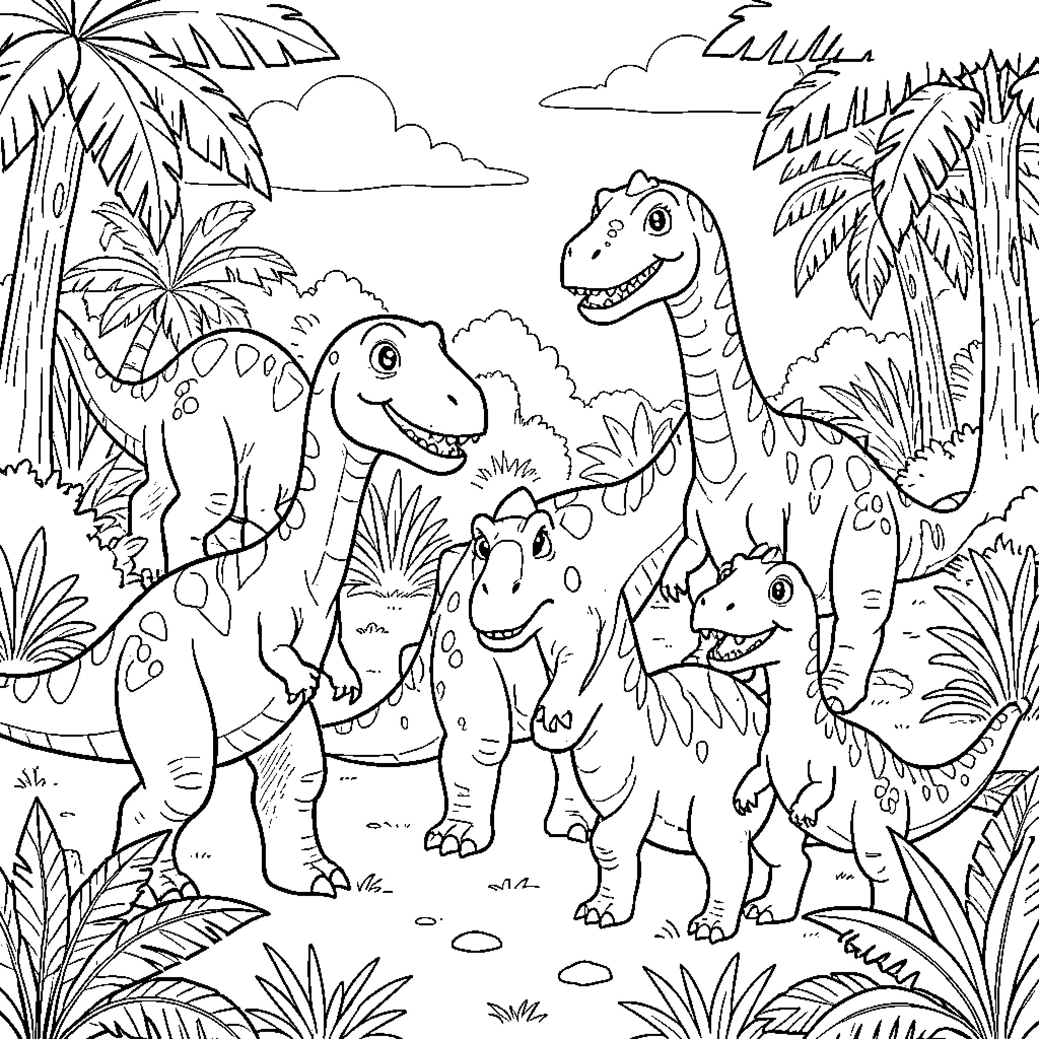 Dinosaur family smiling together in a prehistoric jungle Coloring Page (free black-and-white line drawing printable PDF for all, from beginners to advanced learners, including children, teens, adults, and seniors)
