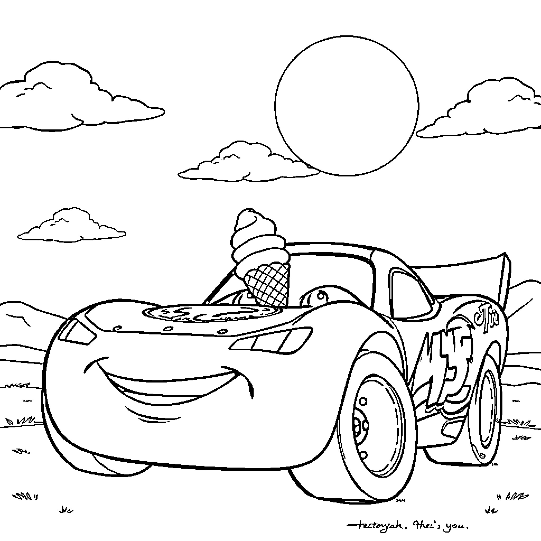 Lightning McQueen's Joyful Ride in the Countryside Coloring Page (free black-and-white line drawing printable PDF for all, from beginners to advanced learners, including children, teens, adults, and seniors)