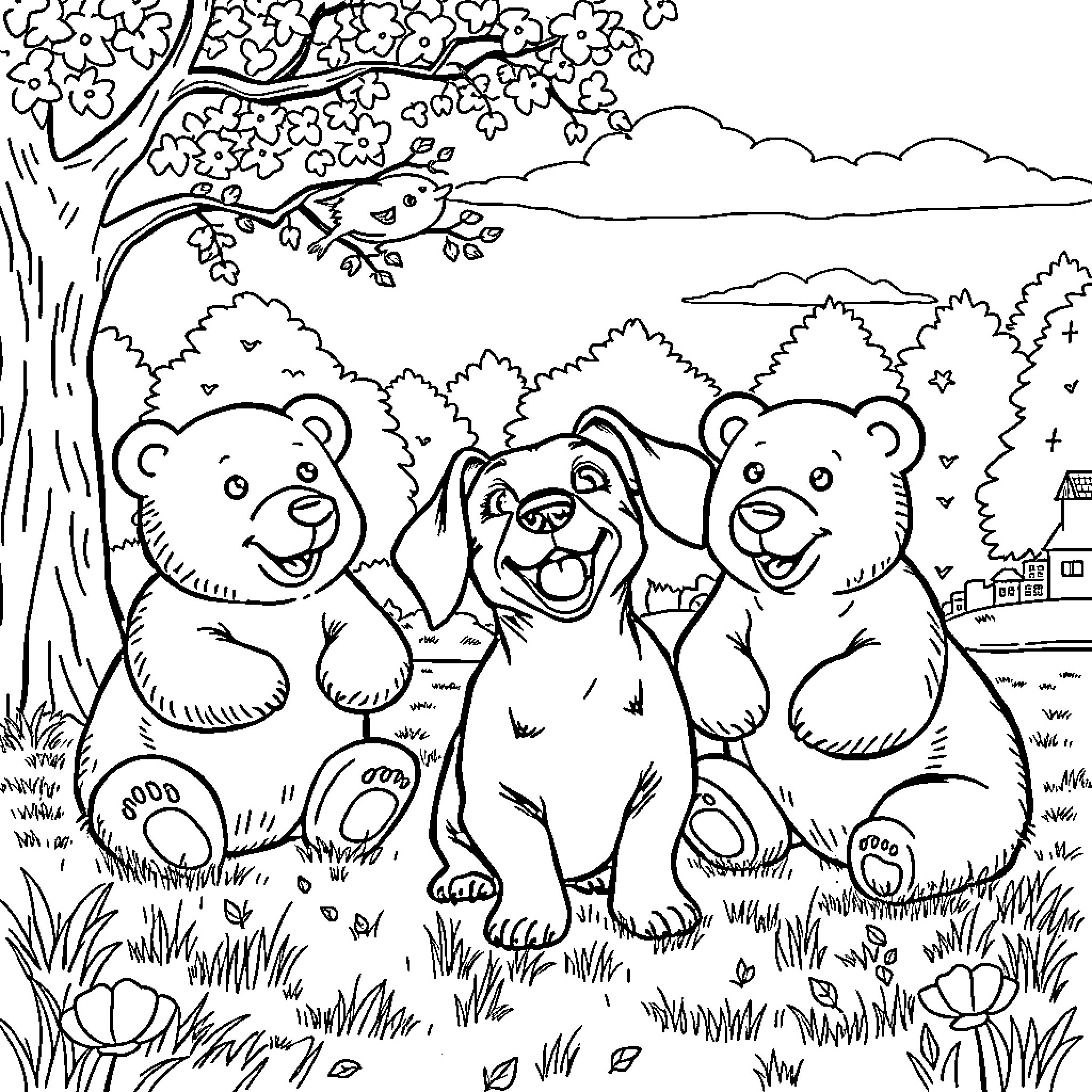 Dachshund and bear friends in the forest Coloring Page (free black-and-white line drawing printable PDF for all, from beginners to advanced learners, including children, teens, adults, and seniors)