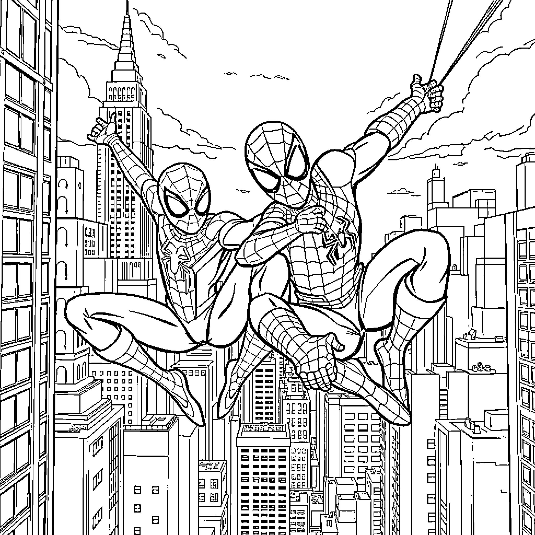 Spider-Man swinging through the city skyline Coloring Page (free black-and-white line drawing printable PDF for all, from beginners to advanced learners, including children, teens, adults, and seniors)