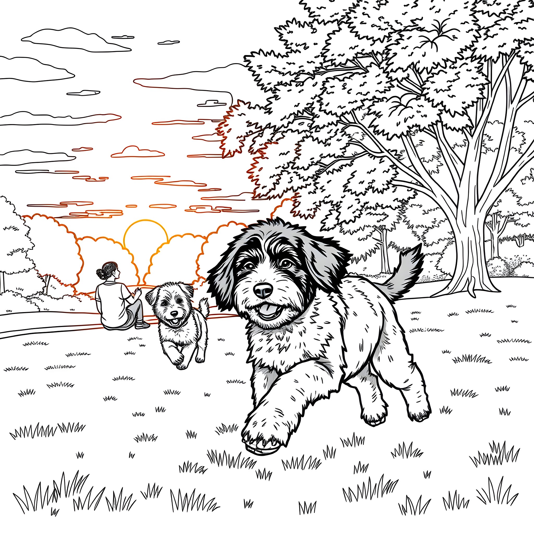 Dog companions enjoying the sunset outdoors Coloring Page (free black-and-white line drawing printable PDF for all, from beginners to advanced learners, including children, teens, adults, and seniors)