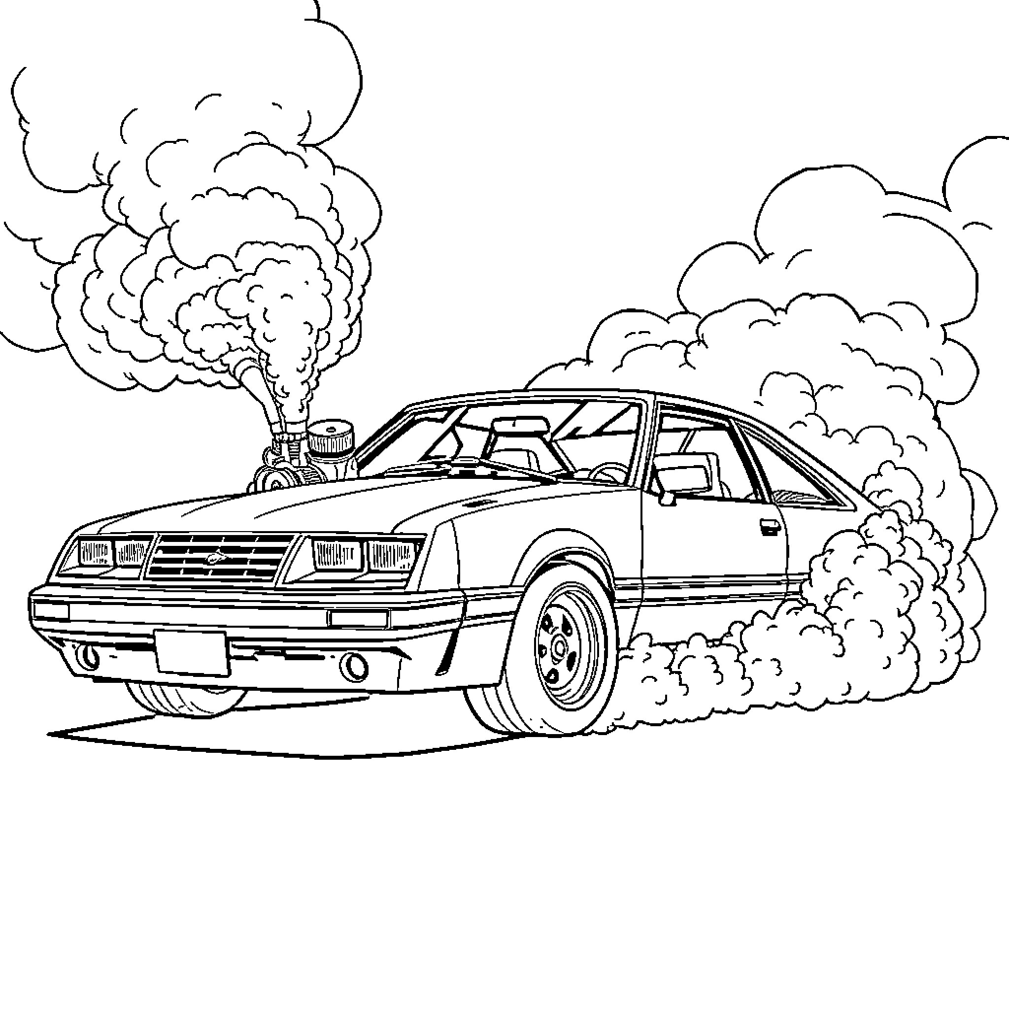 Mustang racing with smoking tires and clouds Coloring Page (free black-and-white line drawing printable PDF for all, from beginners to advanced learners, including children, teens, adults, and seniors)