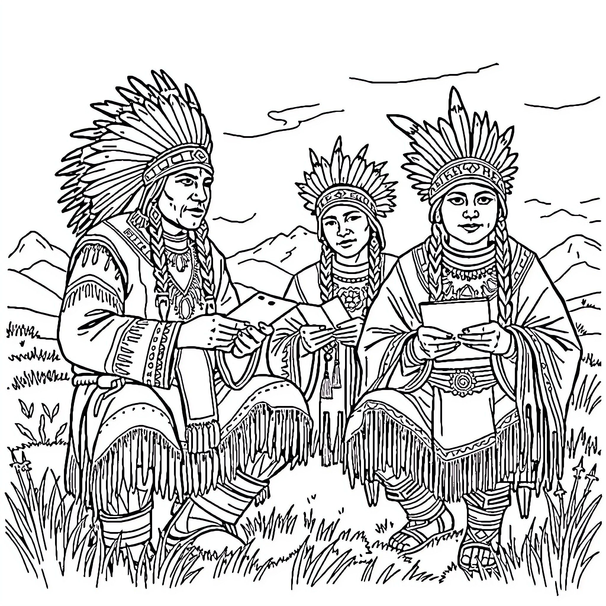 Nez Perce Tribal Leaders in Traditional Attire Coloring Page (free black-and-white line drawing printable PDF for all, from beginners to advanced learners, including children, teens, adults, and seniors)