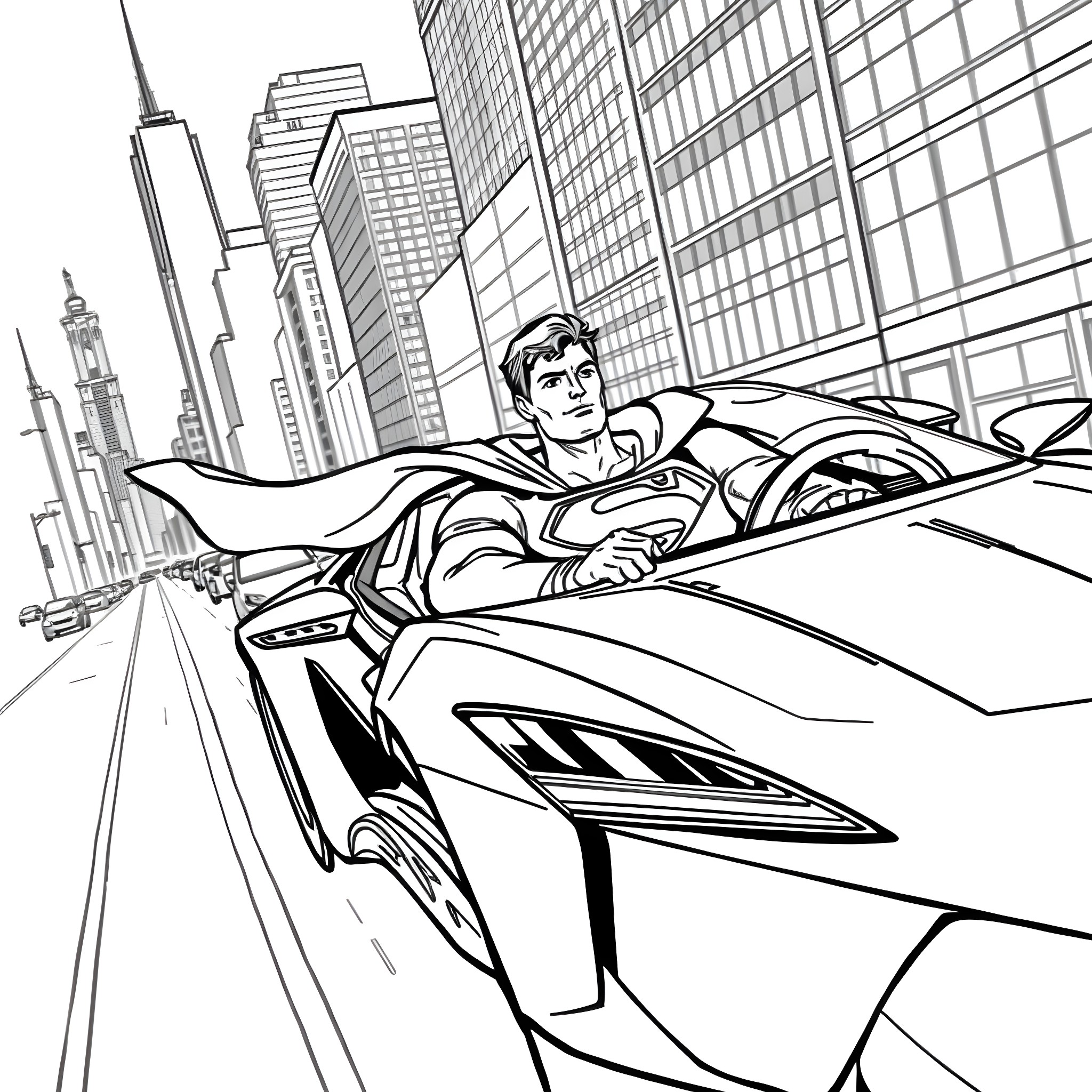 Superman flying over the city in his superhero costume Coloring Page (free black-and-white line drawing printable PDF for all, from beginners to advanced learners, including children, teens, adults, and seniors)