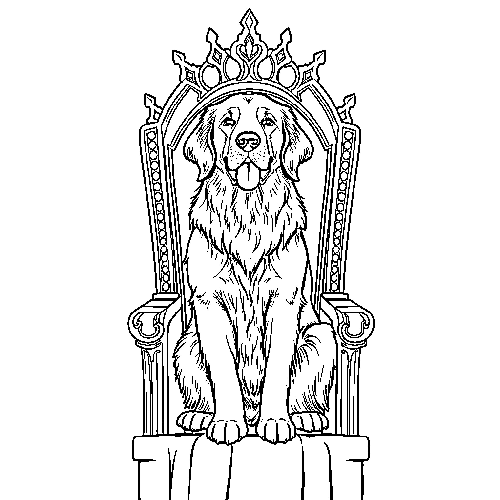 Golden Retriever sitting on a decorative throne Coloring Page (free black-and-white line drawing printable PDF for all, from beginners to advanced learners, including children, teens, adults, and seniors)