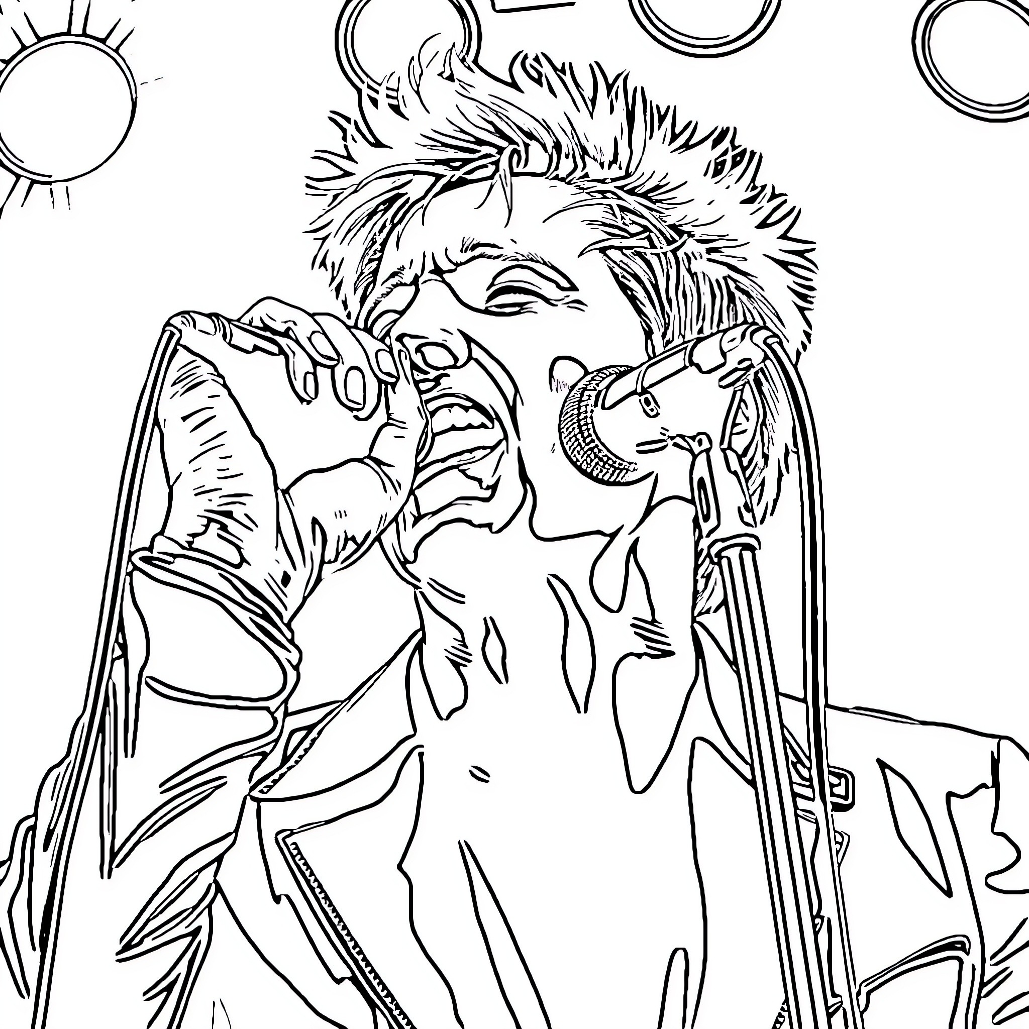 Dave Gahan performing energetically on stage Coloring Page (free black-and-white line drawing printable PDF for all, from beginners to advanced learners, including children, teens, adults, and seniors)