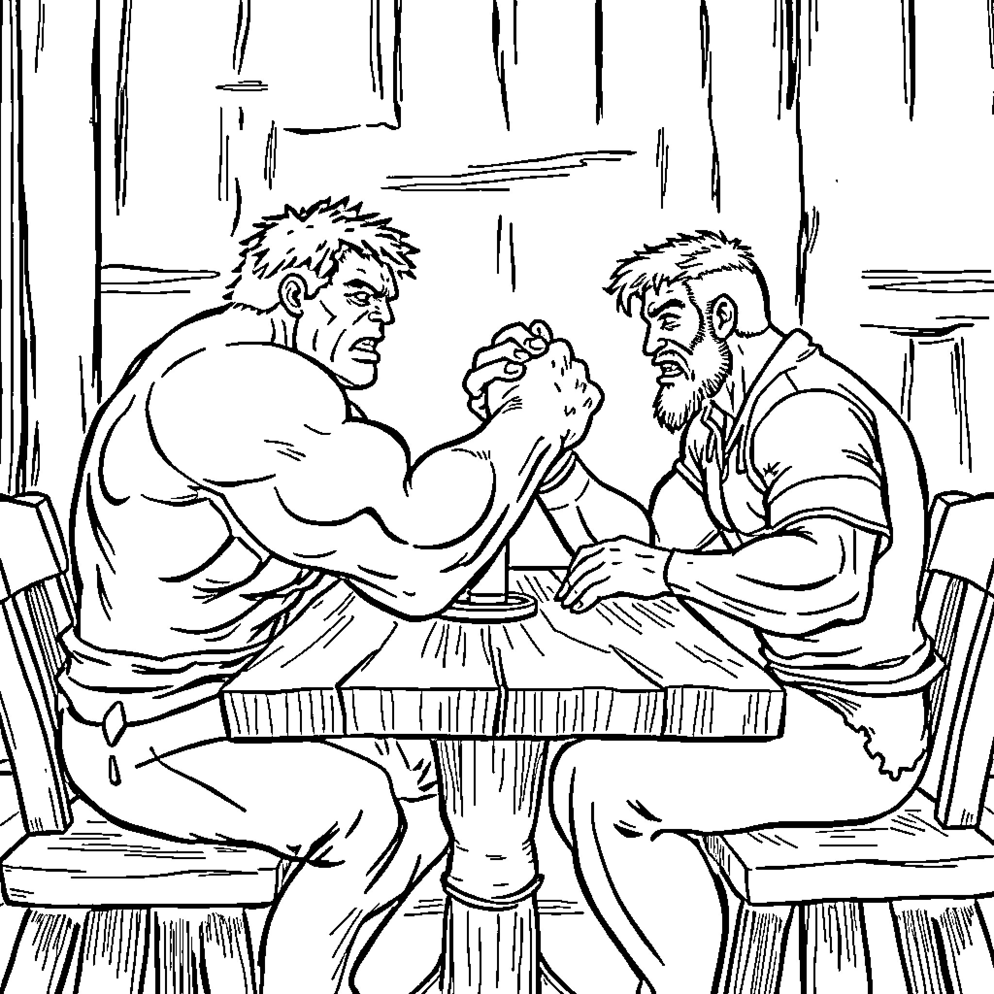 Hulk engaged in an intense arm wrestling match Coloring Page (free black-and-white line drawing printable PDF for all, from beginners to advanced learners, including children, teens, adults, and seniors)
