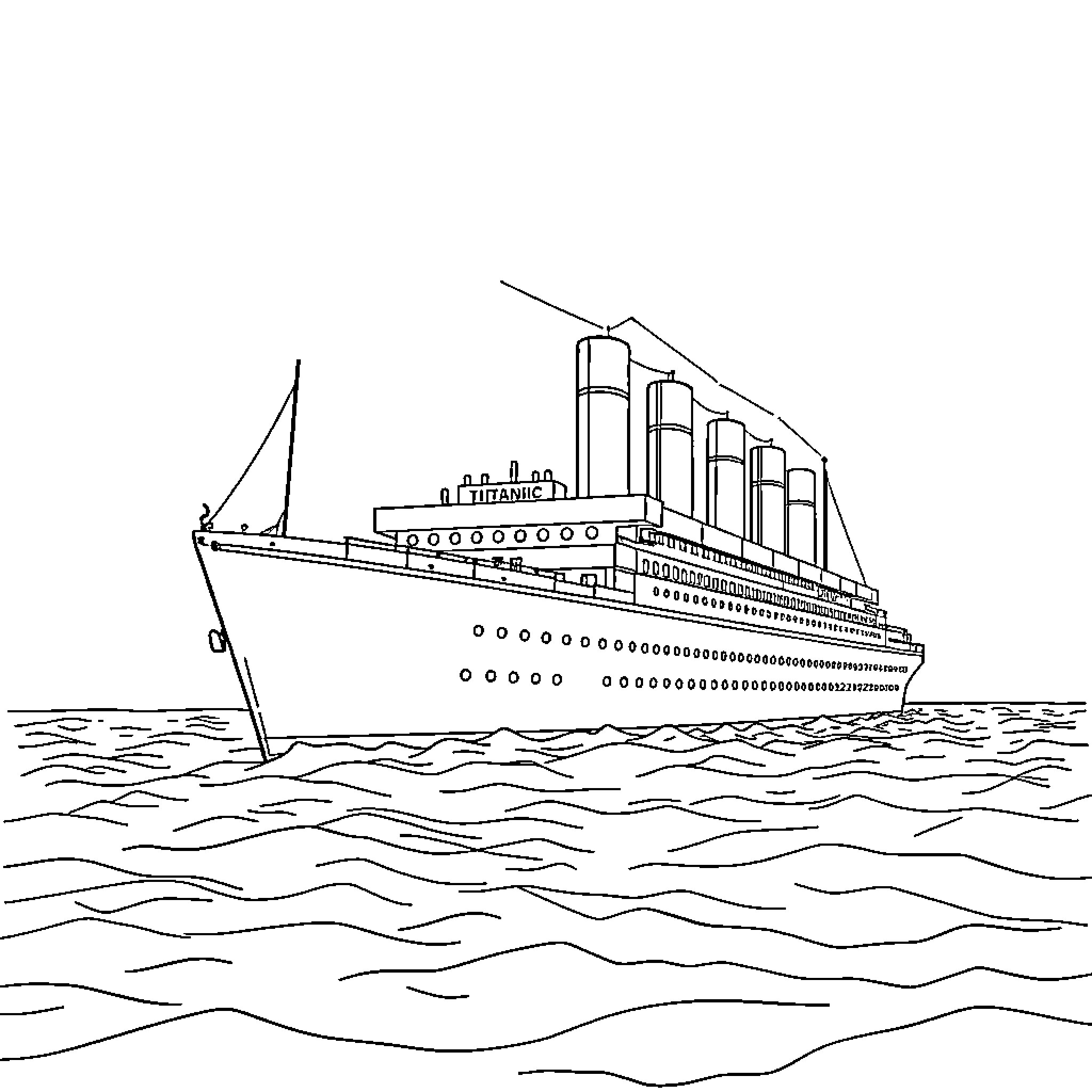 Titanic Ship Sailing on Open Seas Coloring Page (free black-and-white line drawing printable PDF for all, from beginners to advanced learners, including children, teens, adults, and seniors)