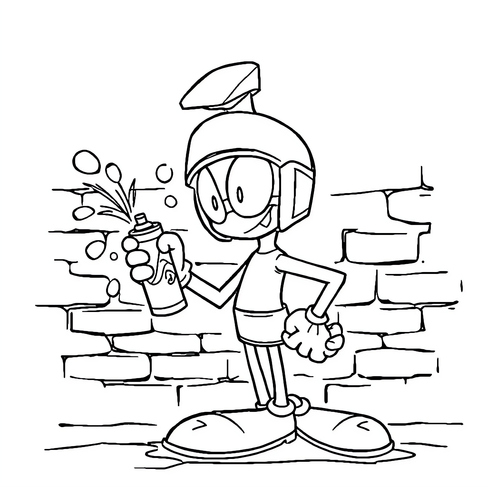Marvin the Cartoon Exterminator Spraying Pests Coloring Page (free black-and-white line drawing printable PDF for all, from beginners to advanced learners, including children, teens, adults, and seniors)