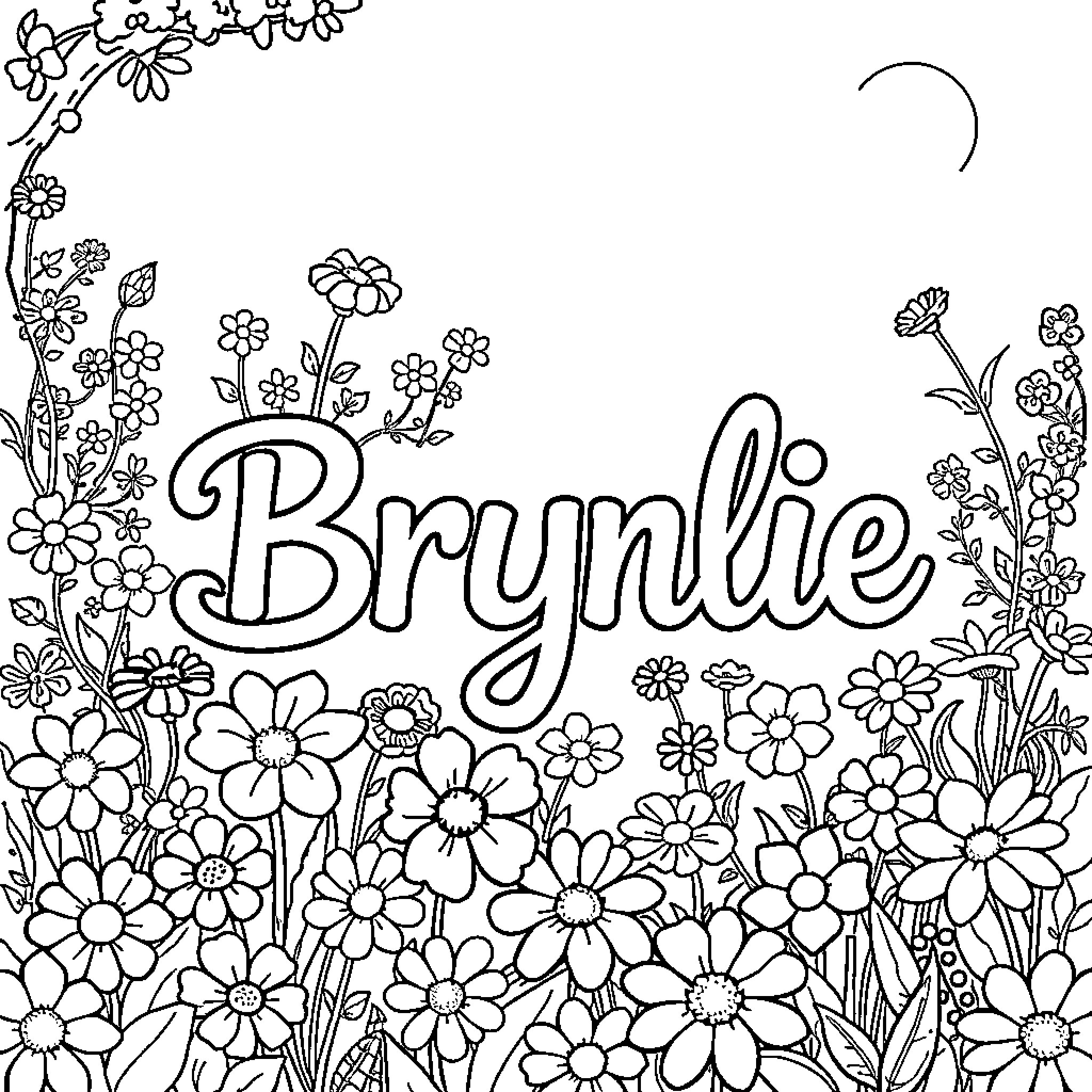 Brynlie surrounded by beautiful flowers Coloring Page (free black-and-white line drawing printable PDF for all, from beginners to advanced learners, including children, teens, adults, and seniors)