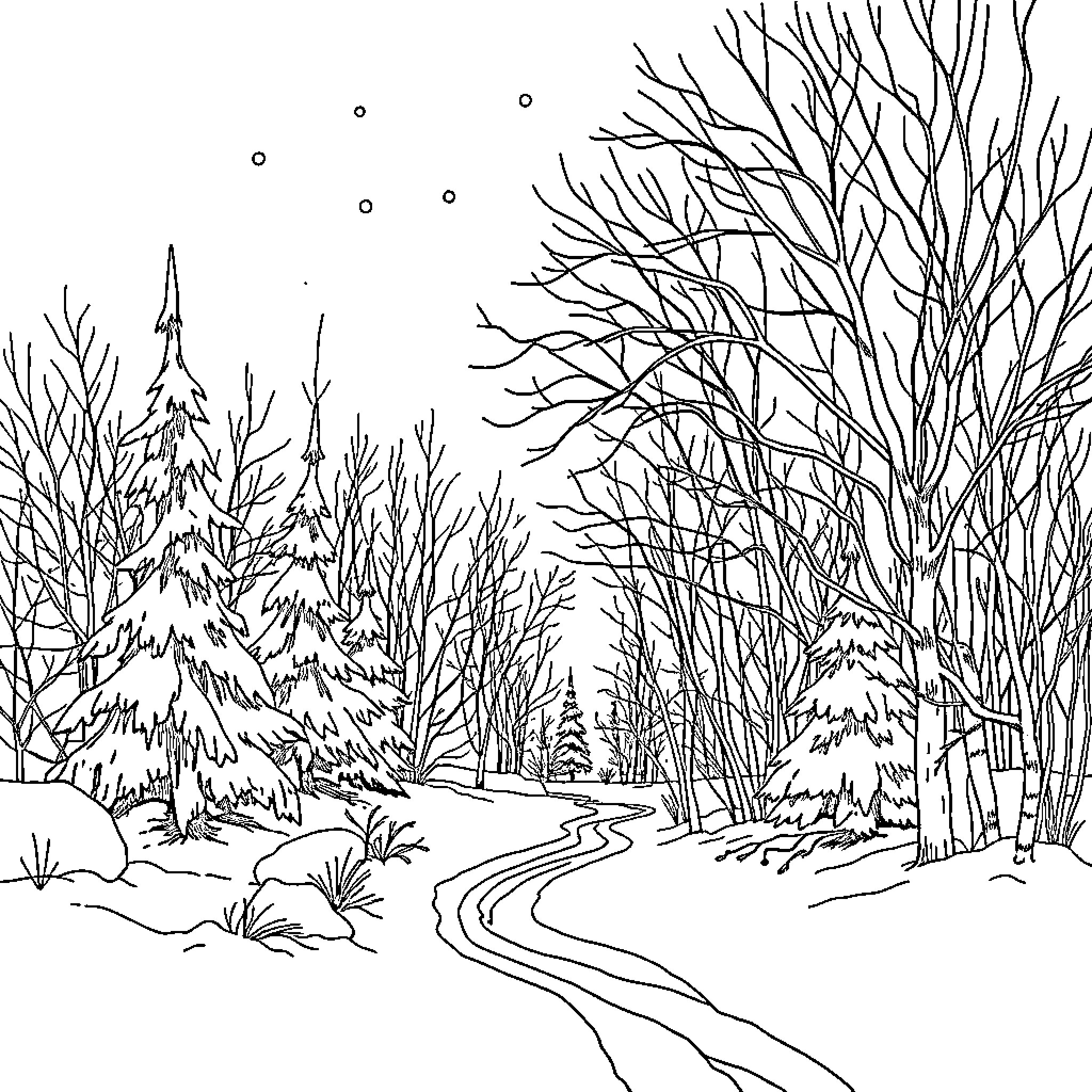 Winter Wonderland Landscape with Snowy Trees Coloring Page (free black-and-white line drawing printable PDF for all, from beginners to advanced learners, including children, teens, adults, and seniors)