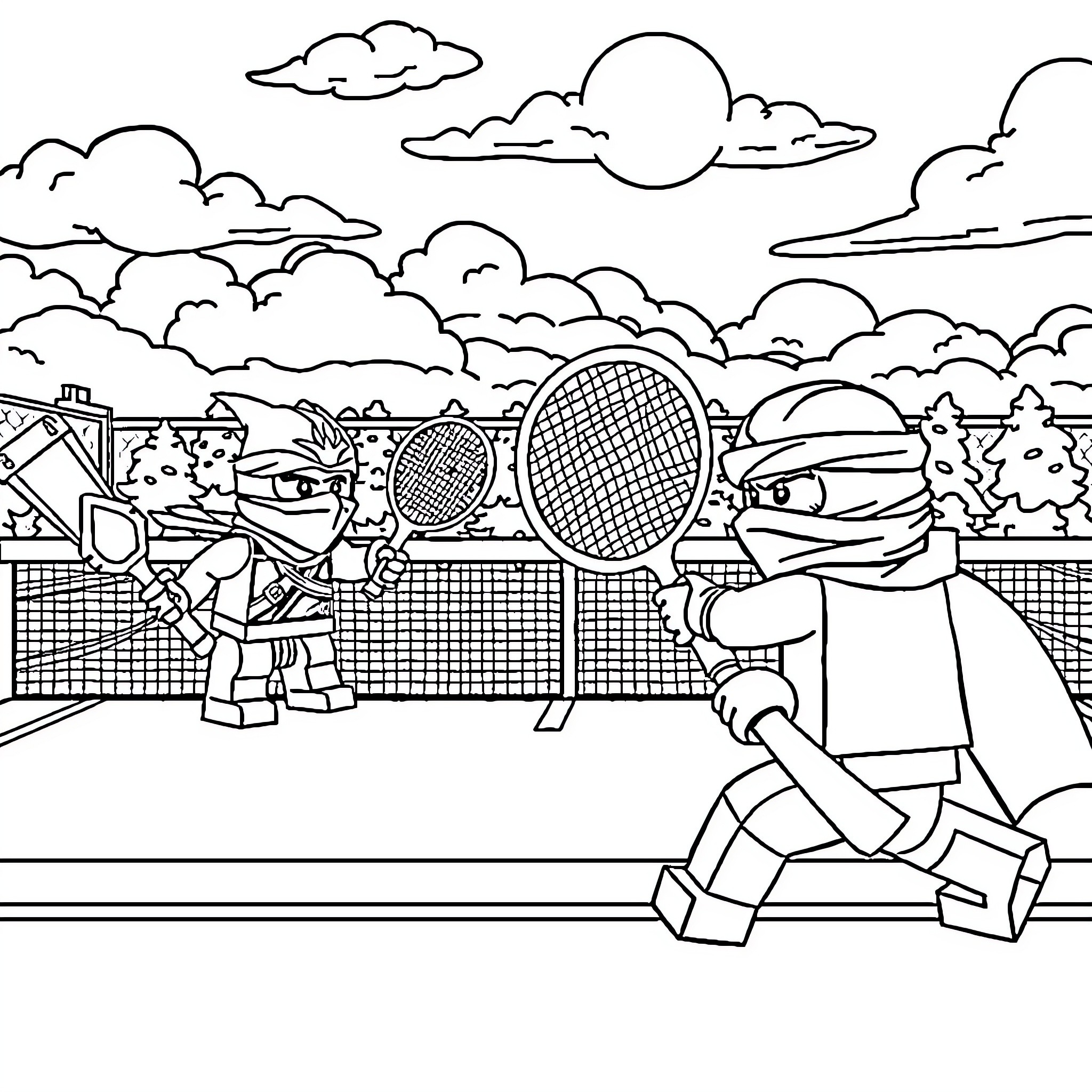 Ninjago characters playing tennis in outdoor court Coloring Page (free black-and-white line drawing printable PDF for all, from beginners to advanced learners, including children, teens, adults, and seniors)