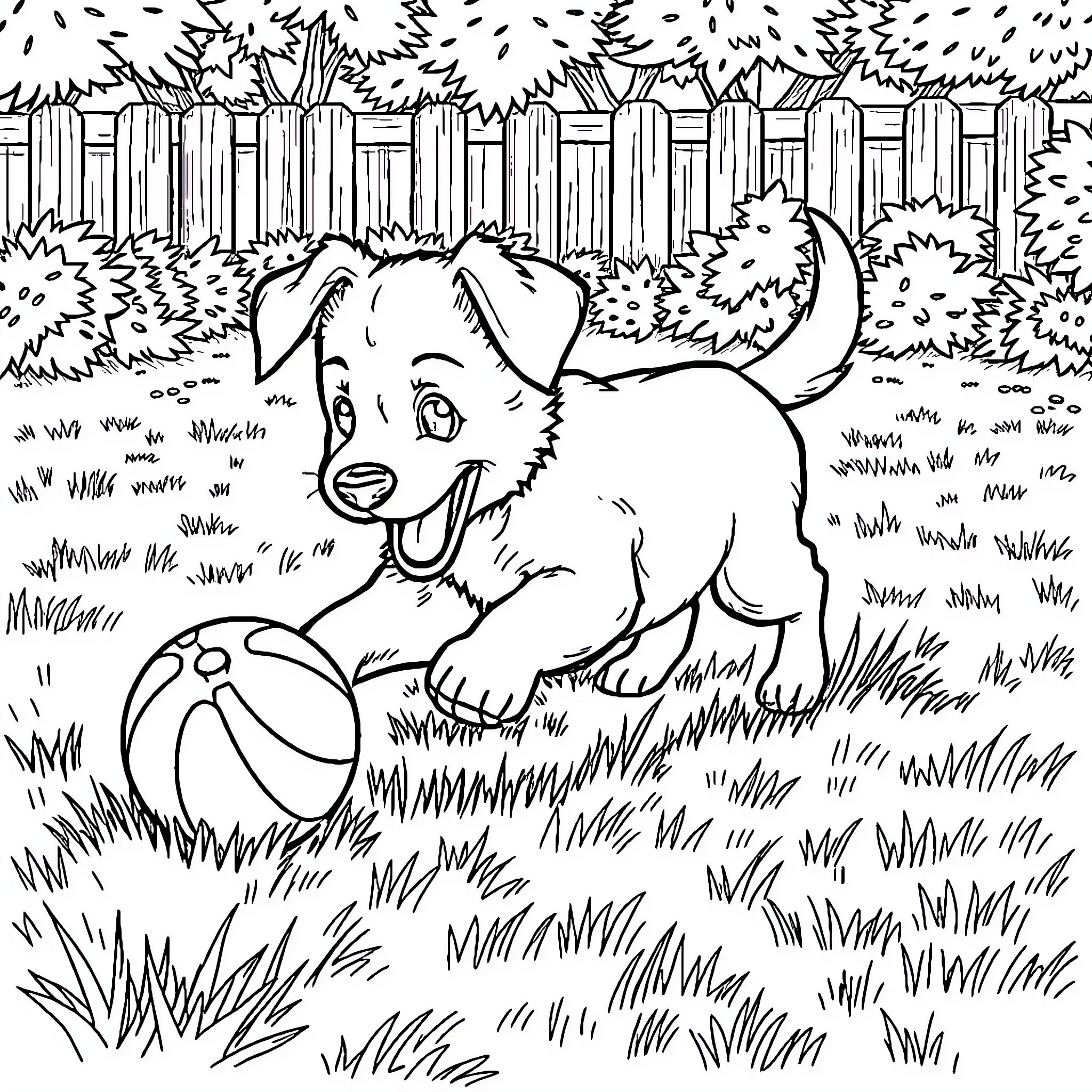 Puppy playing with ball in backyard Coloring Page (free black-and-white line drawing printable PDF for all, from beginners to advanced learners, including children, teens, adults, and seniors)