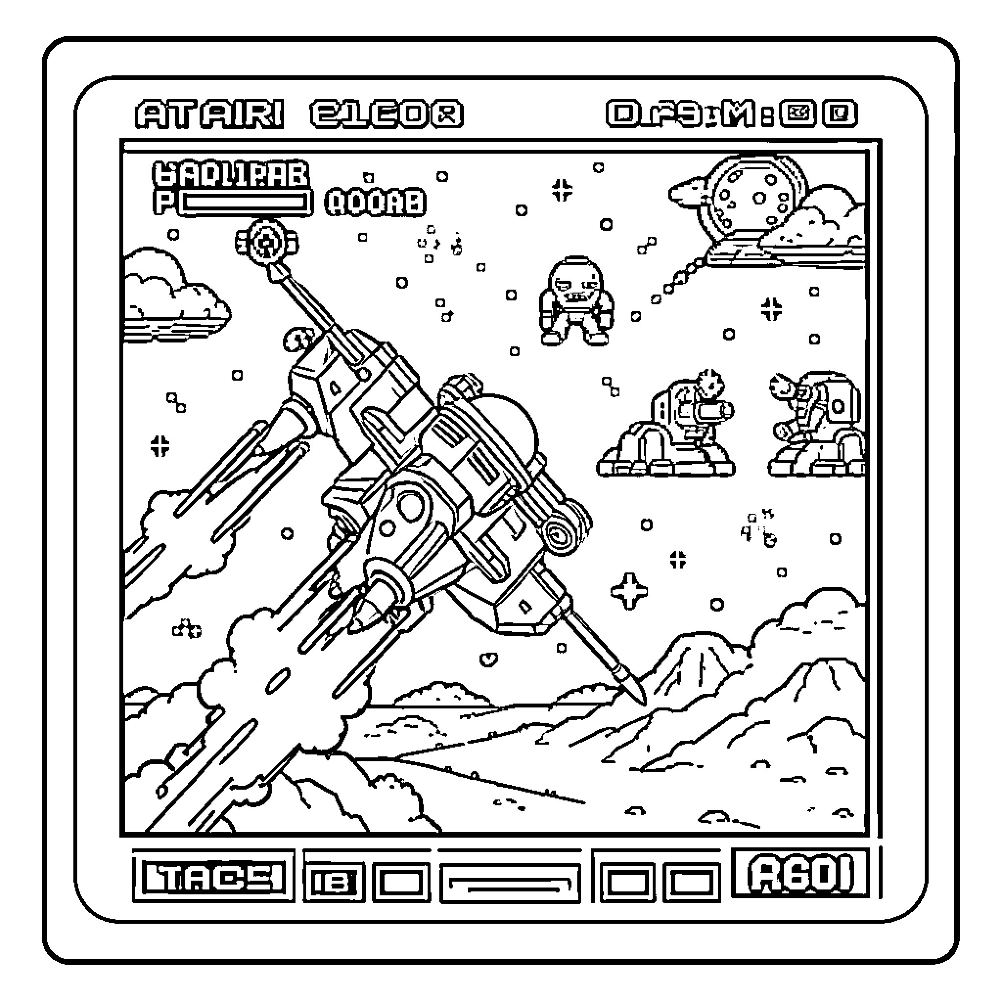 Space Invader flying a spaceship through a starry galaxy Coloring Page (free black-and-white line drawing printable PDF for all, from beginners to advanced learners, including children, teens, adults, and seniors)