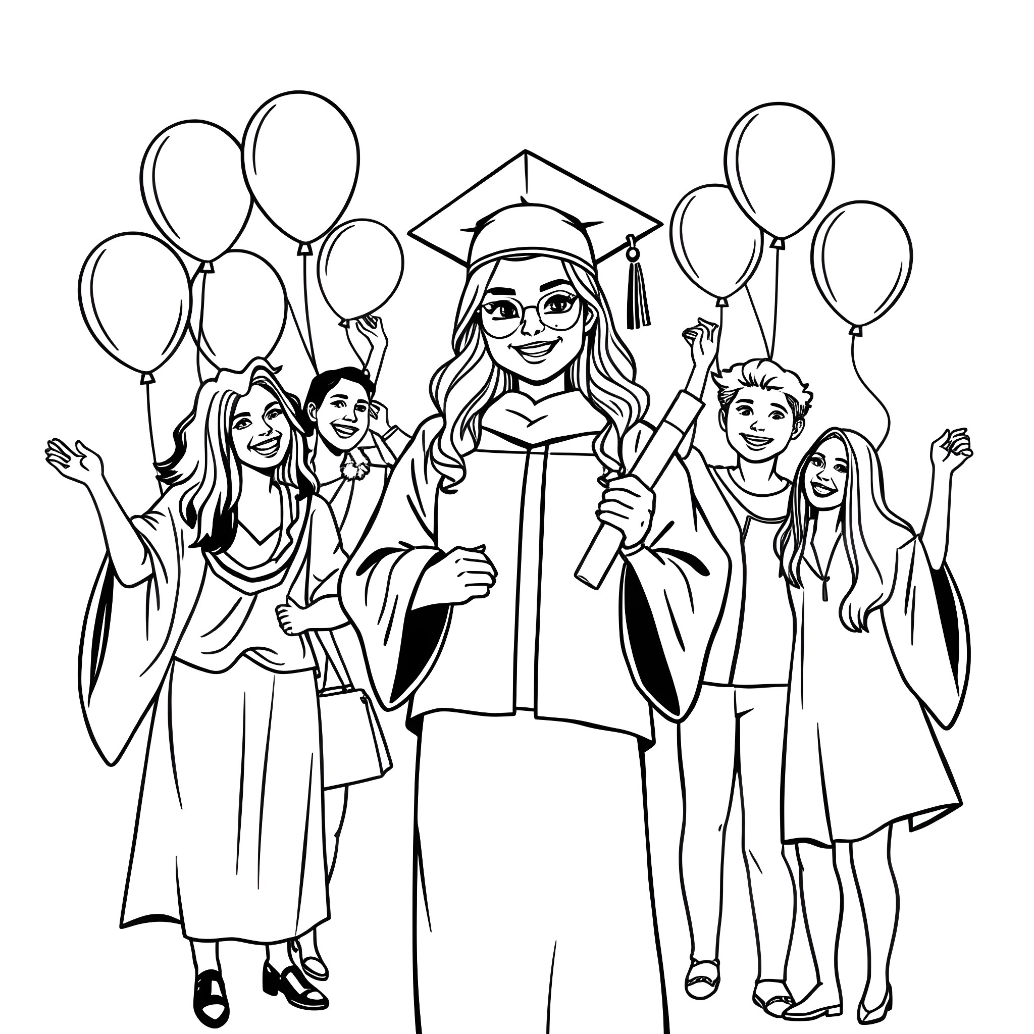 Woman celebrating graduation with friends and balloons Coloring Page (free black-and-white line drawing printable PDF for all, from beginners to advanced learners, including children, teens, adults, and seniors)