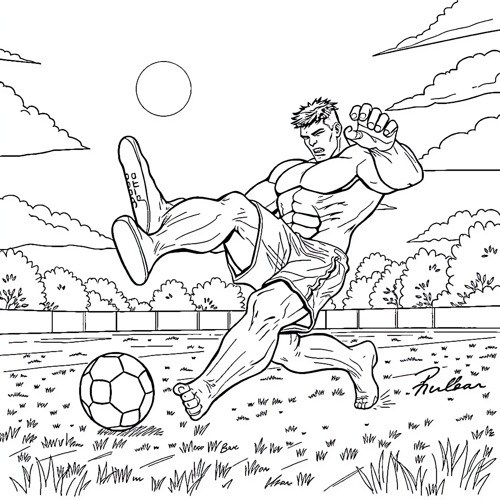 Hulk Kicking Soccer Ball in Outdoor Setting Coloring Page (free black-and-white line drawing printable PDF for all, from beginners to advanced learners, including children, teens, adults, and seniors)