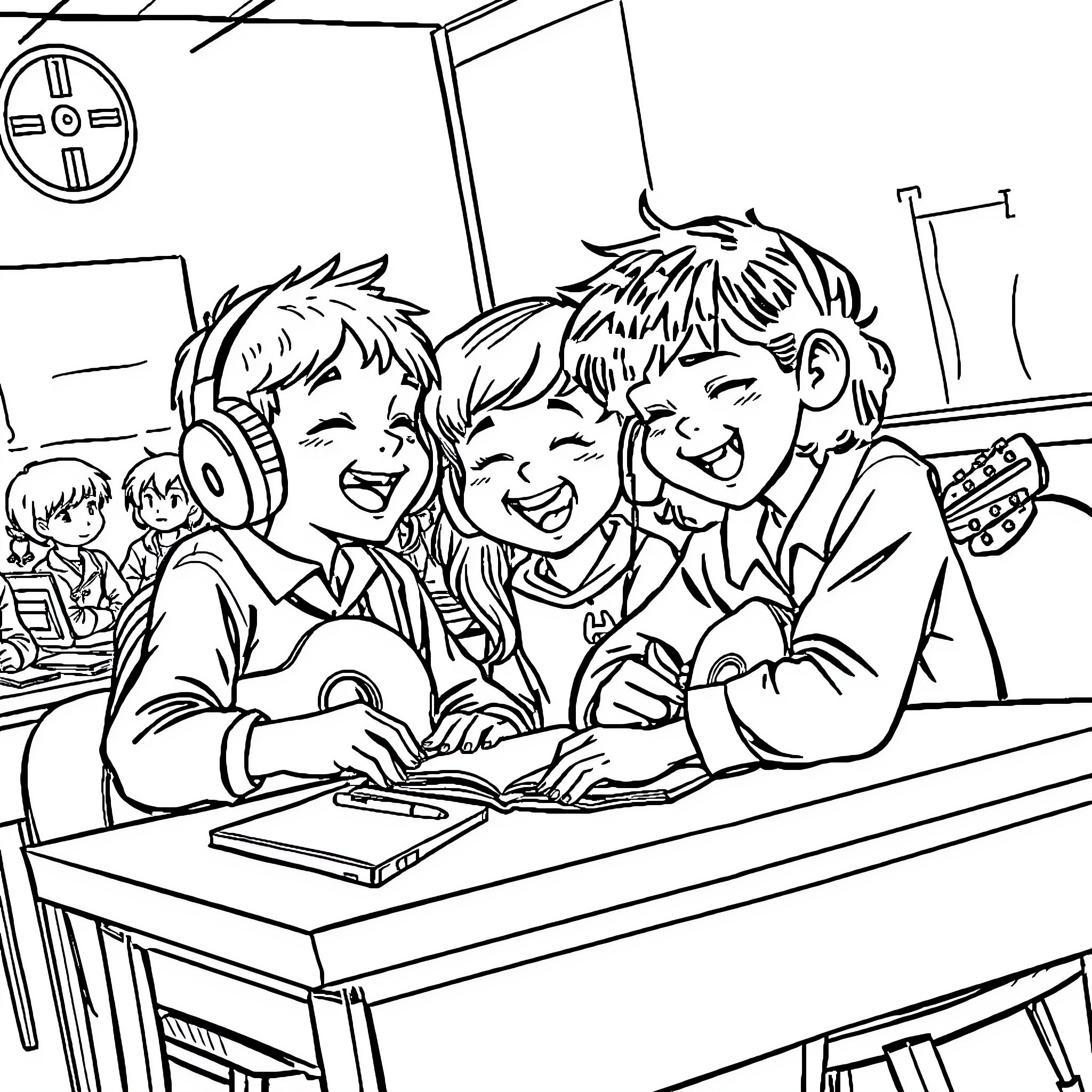Children Studying Together in Classroom Coloring Page (free black-and-white line drawing printable PDF for all, from beginners to advanced learners, including children, teens, adults, and seniors)