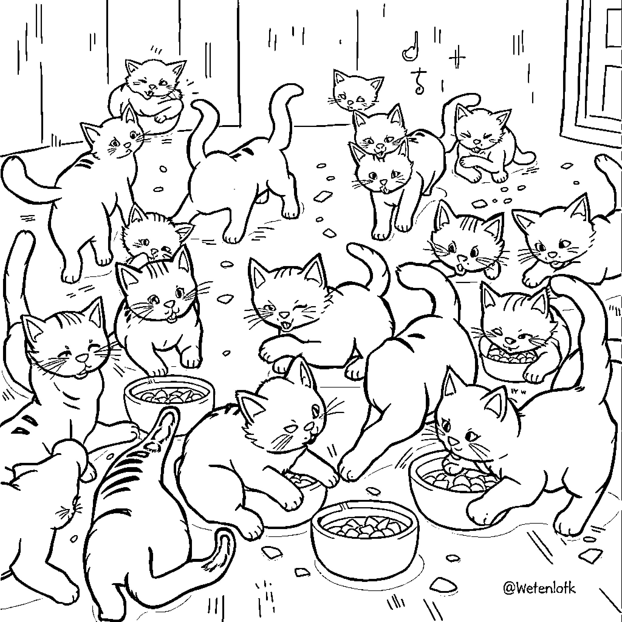 Cat Feeding Time in a Cozy Home Coloring Page (free black-and-white line drawing printable PDF for all, from beginners to advanced learners, including children, teens, adults, and seniors)