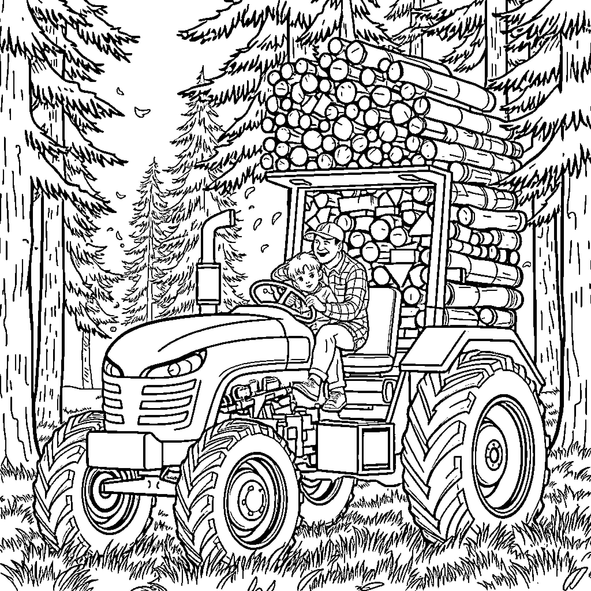 Tractor transporting logs through snowy forest Coloring Page (free black-and-white line drawing printable PDF for all, from beginners to advanced learners, including children, teens, adults, and seniors)