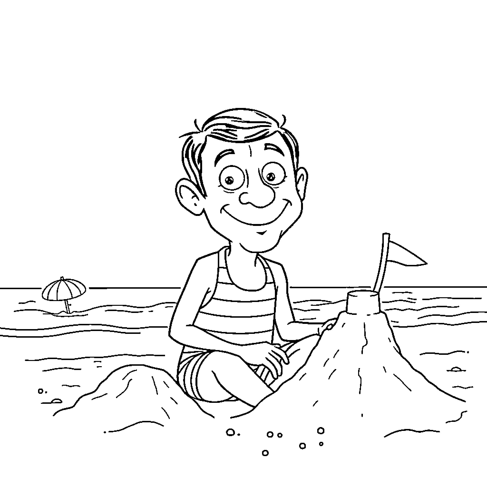 Mr Bean playing joyfully on the beach Coloring Page (free black-and-white line drawing printable PDF for all, from beginners to advanced learners, including children, teens, adults, and seniors)