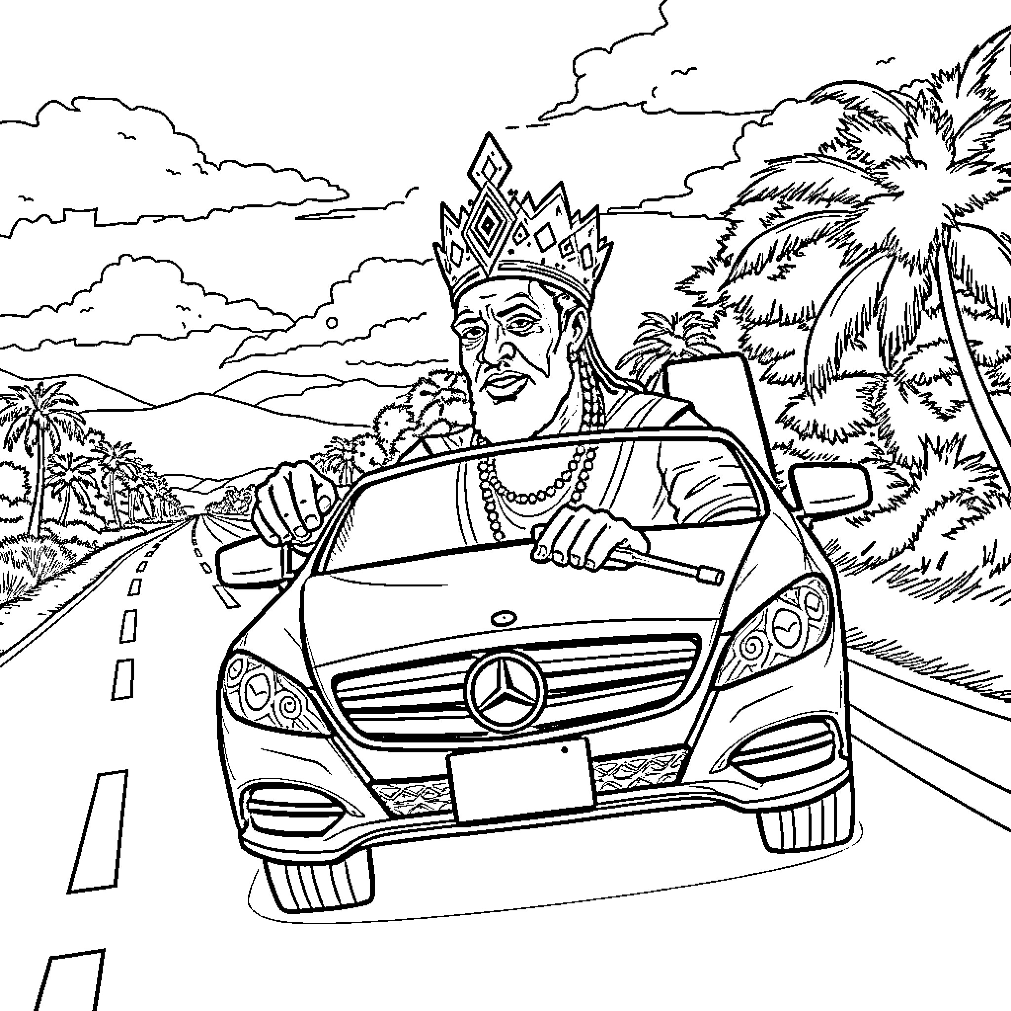 King Shaka Zulu Driving Luxurious Car on Scenic Road Coloring Page (free black-and-white line drawing printable PDF for all, from beginners to advanced learners, including children, teens, adults, and seniors)